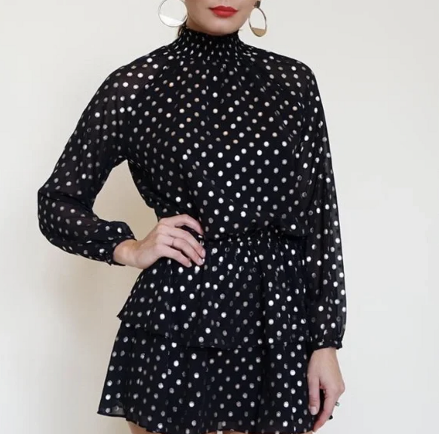 Yumi Kim Class Act Hot Spot Black Gold Polka Dot Smocked Layered Dress Size XL