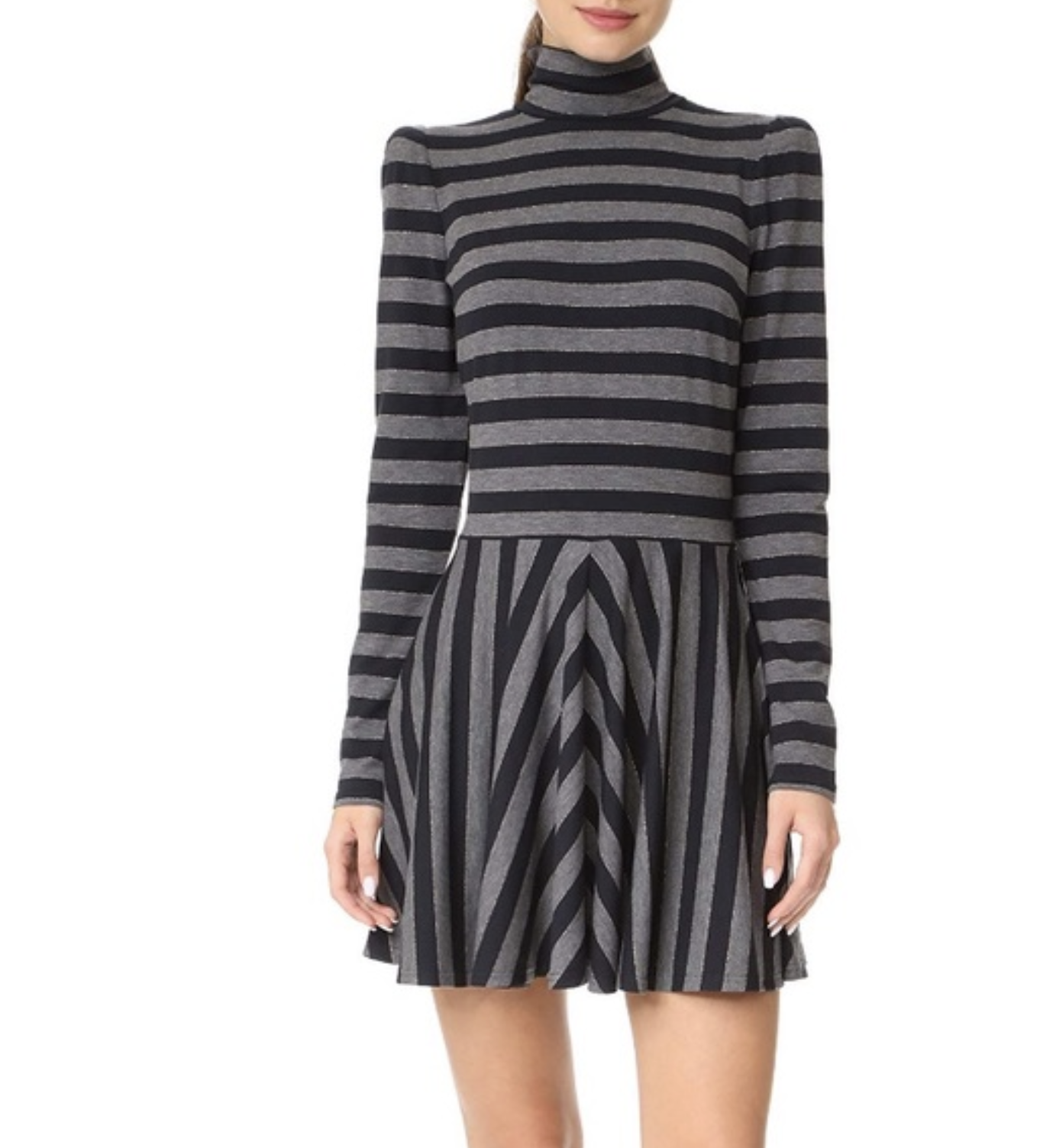 Marc Jacobs Navy Blue Gray Shimmer Striped Flounce Turtleneck Dress Size S Gold