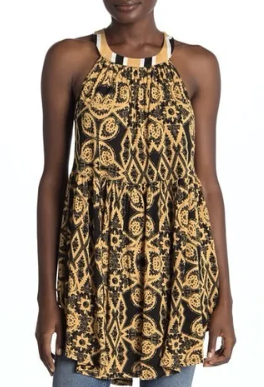 NWT Free People Mimi Hi Lo Halter Tunic Top Blouse Size S Yellow Black Geometric Sleeveless
