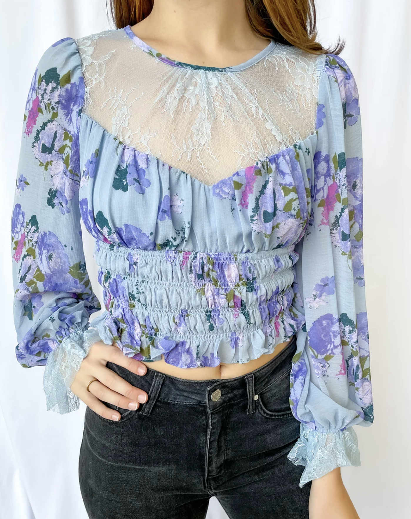 NWT Free People Daphne Blue Floral Lace Smocked Top Blouse Size S Cropped Boho