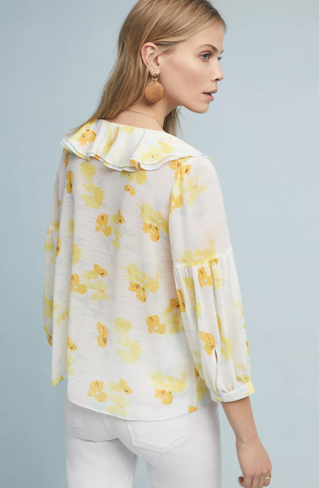 Maeve Anthropologie Daffodil Floral Print Ruffle Top Blouse V Neck Size 6 Yellow