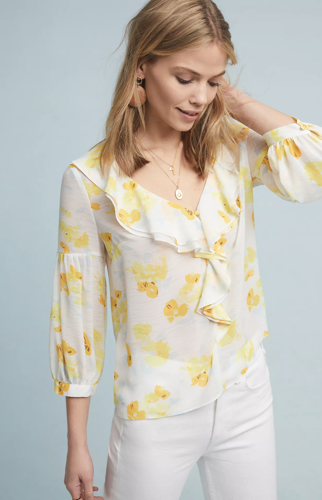 Maeve Anthropologie Daffodil Floral Print Ruffle Top Blouse V Neck Size 6 Yellow