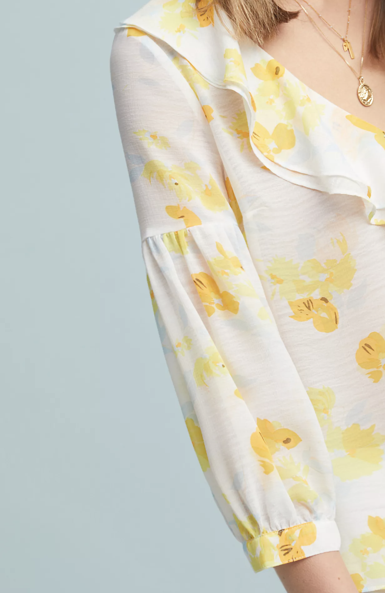 Maeve Anthropologie Daffodil Floral Print Ruffle Top Blouse V Neck Size 6 Yellow