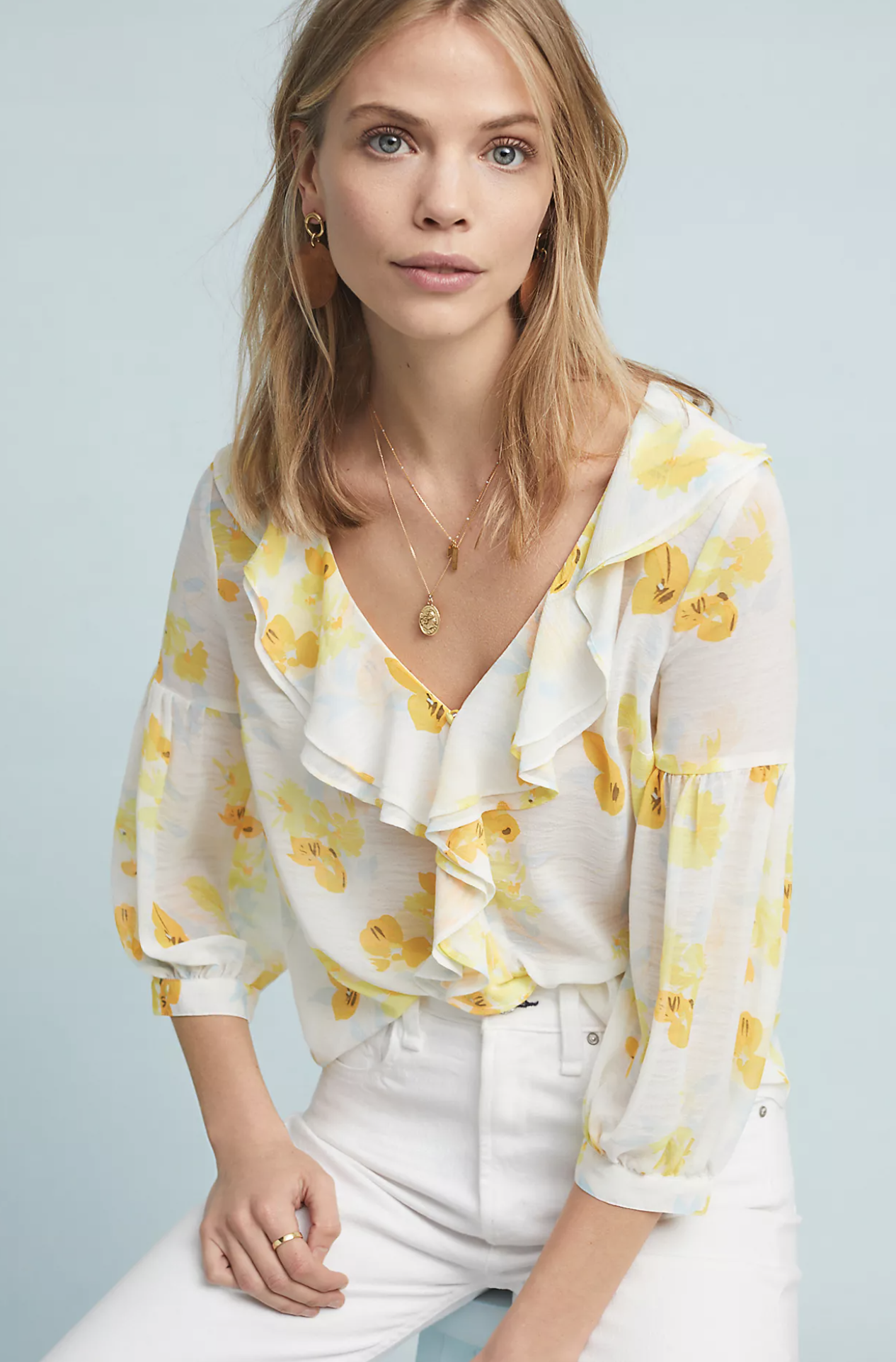 Maeve Anthropologie Daffodil Floral Print Ruffle Top Blouse V Neck Size 6 Yellow