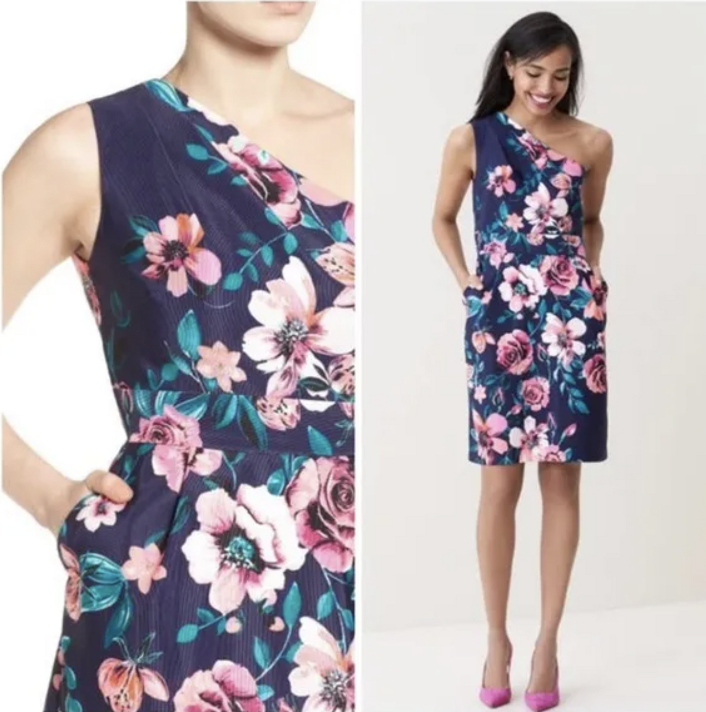 NWT Eliza J Navy Blue Floral One Shoulder Sheath Dress Size 16 Cocktail Party