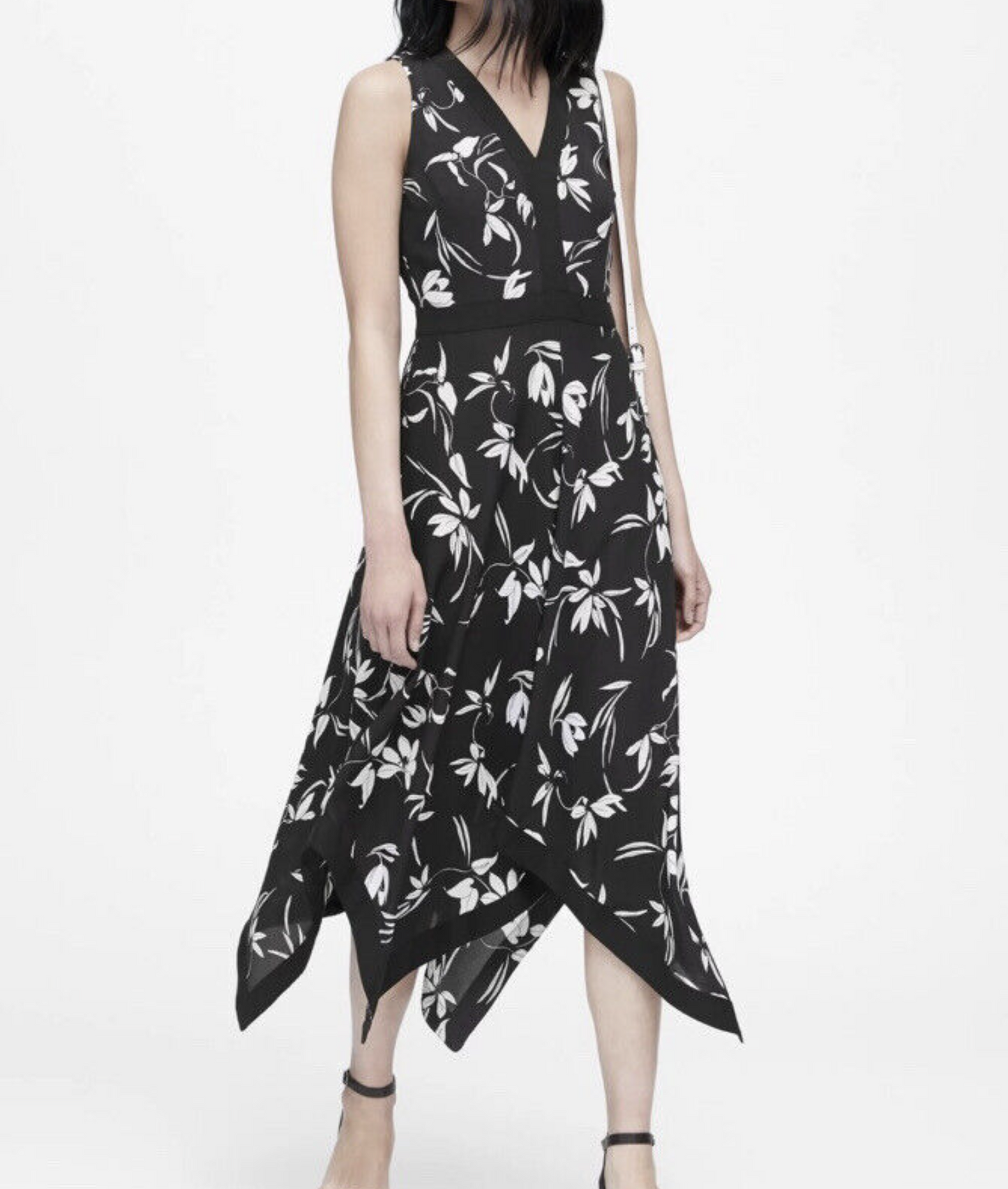 Banana Republic Black White Floral Asymmetrical Handkerchief Hem Midi Dress 12