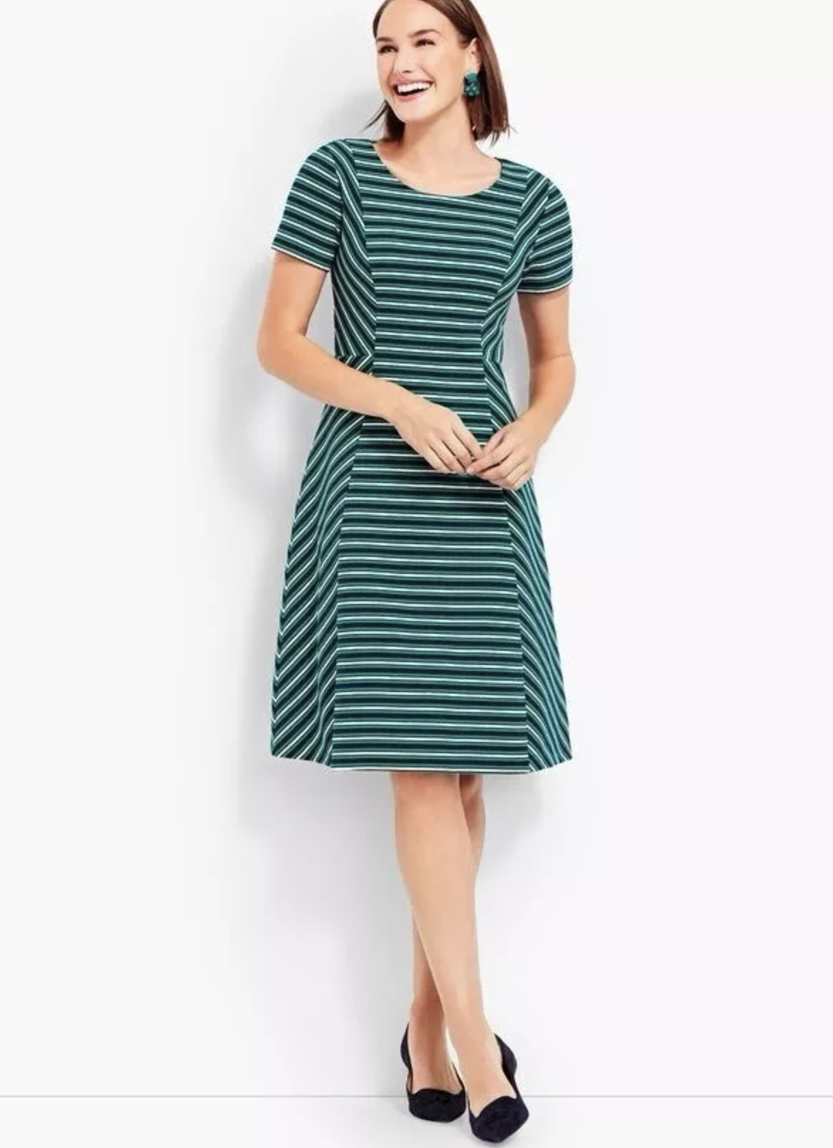 NWT Talbots Green Navy Blue Striped Short Sleeve Knit A Line Dress Size PM MP