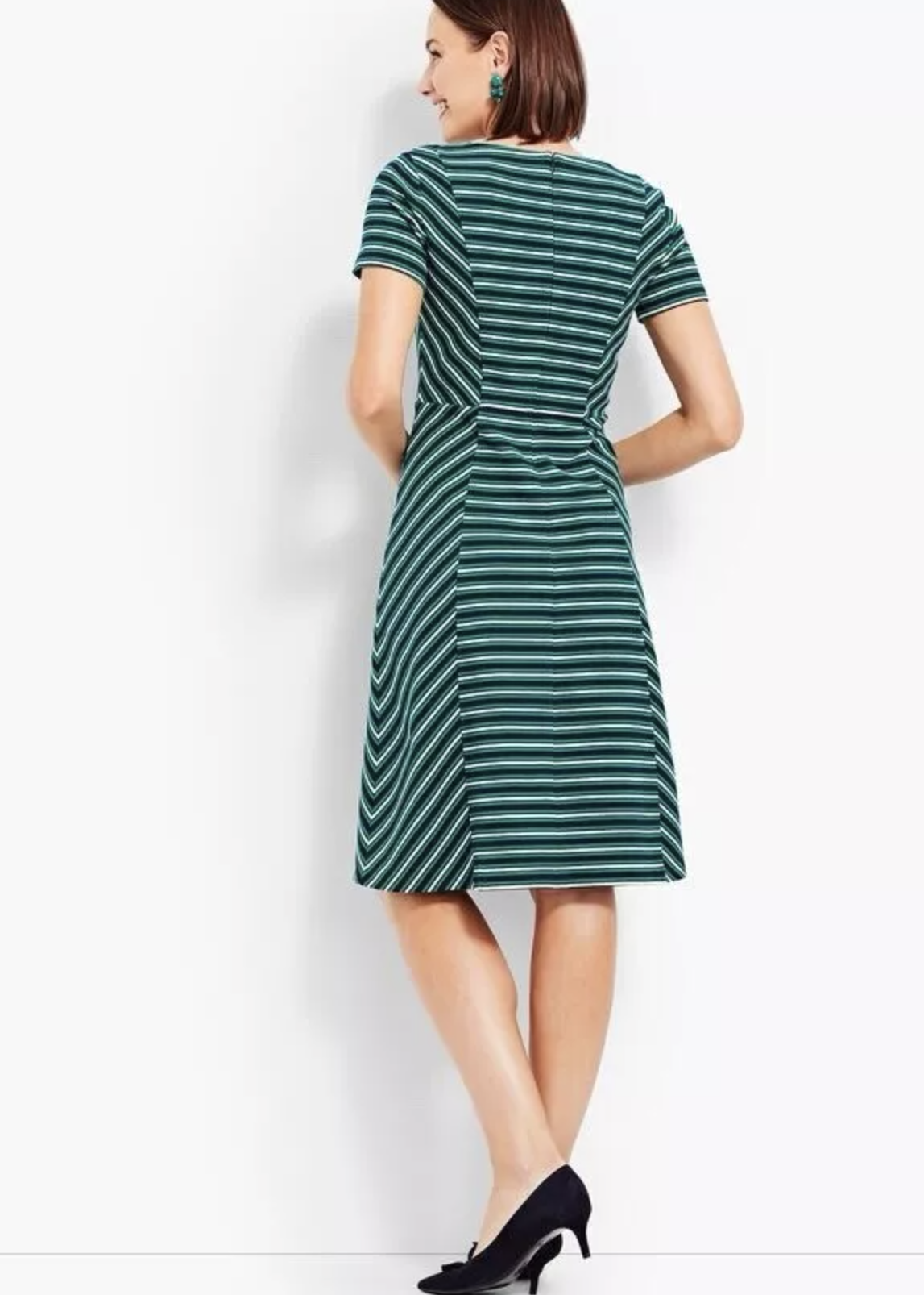 NWT Talbots Green Navy Blue Striped Short Sleeve Knit A Line Dress Size PM MP