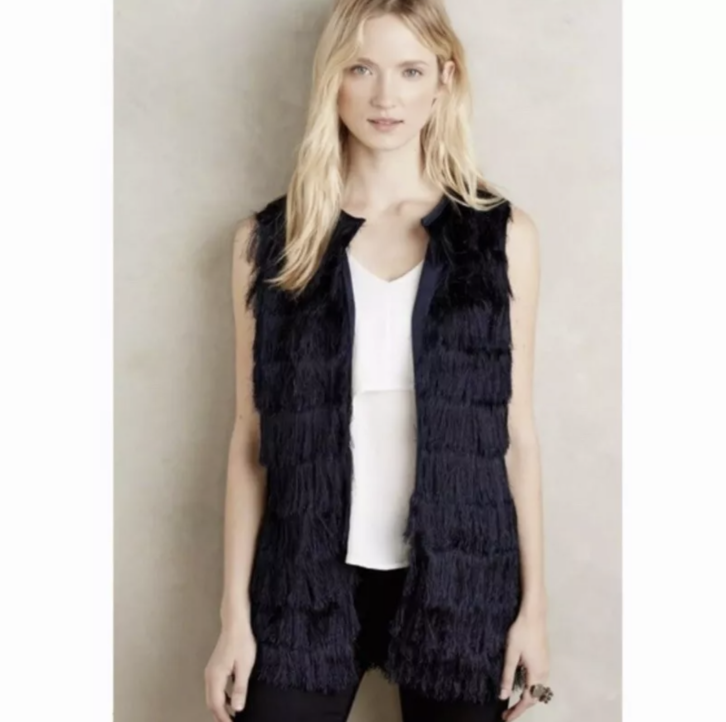 Eva Franco Anthropologie Navy Blue Fringe Open Front Vest Topper Size XL