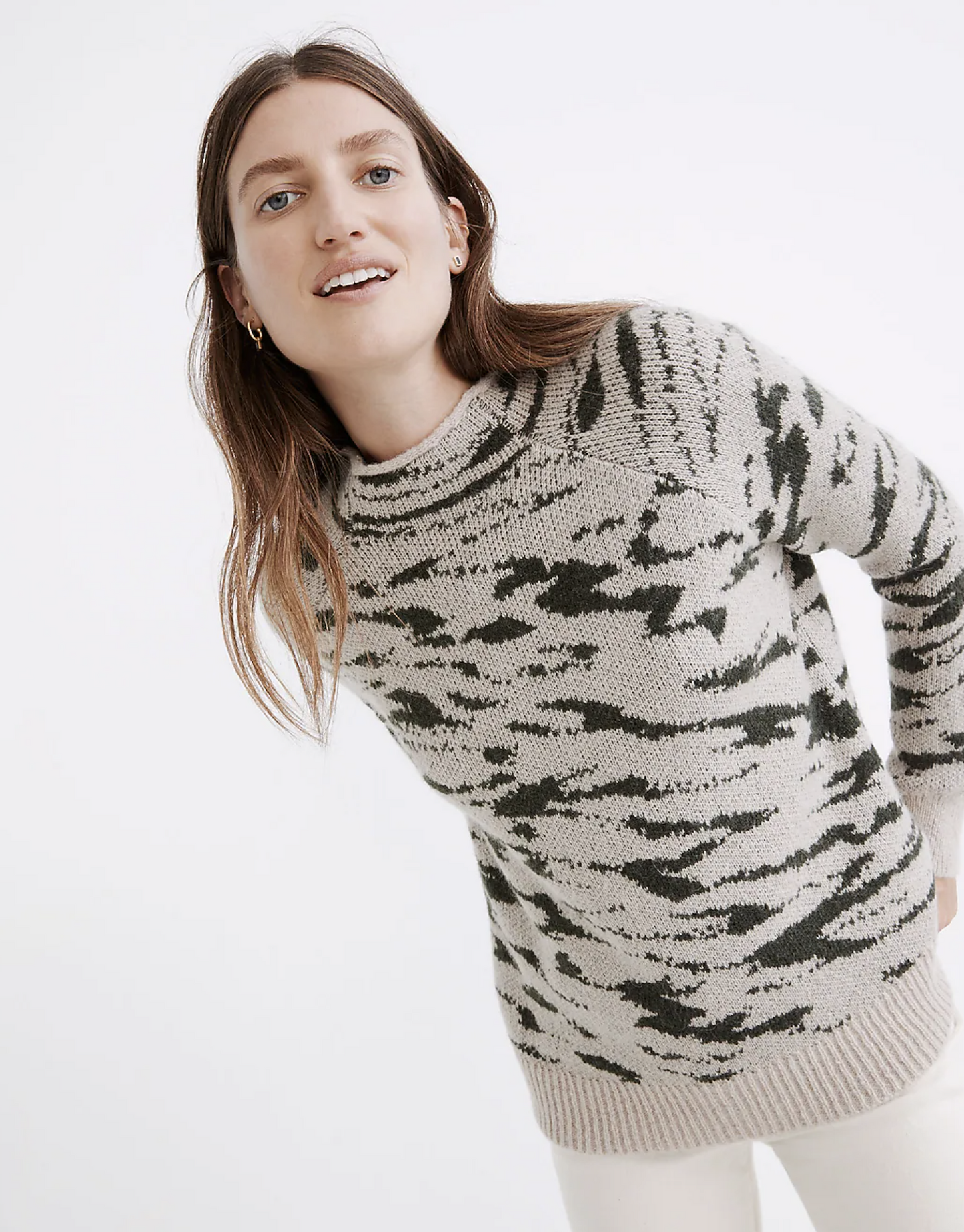 Madewell Thorton Mock Neck Pullover Sweater Size M Animal Print Alpaca Green