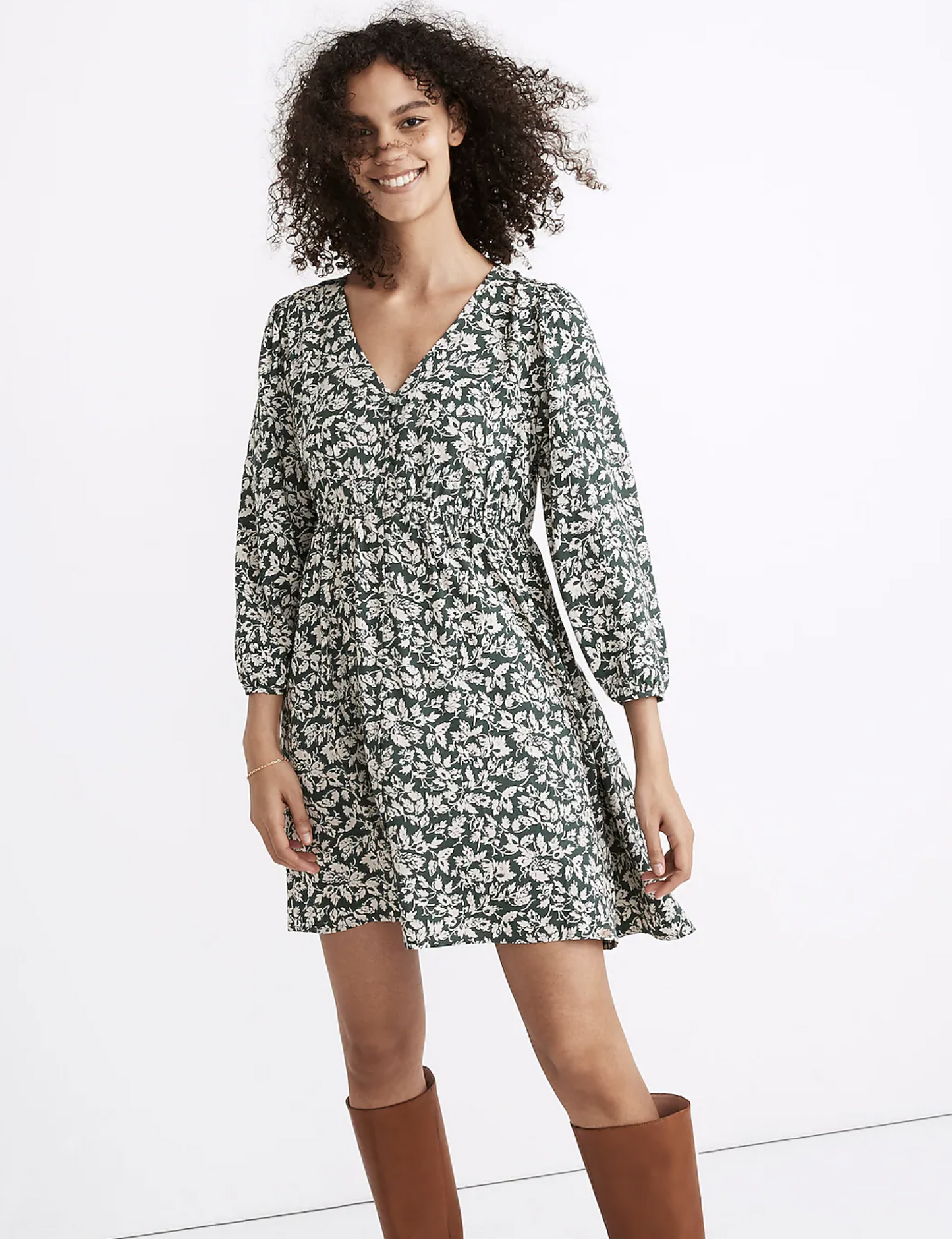 Madewell Green Button Front V Neck Mini Dress in Forest Leaves Floral Sz S Shift