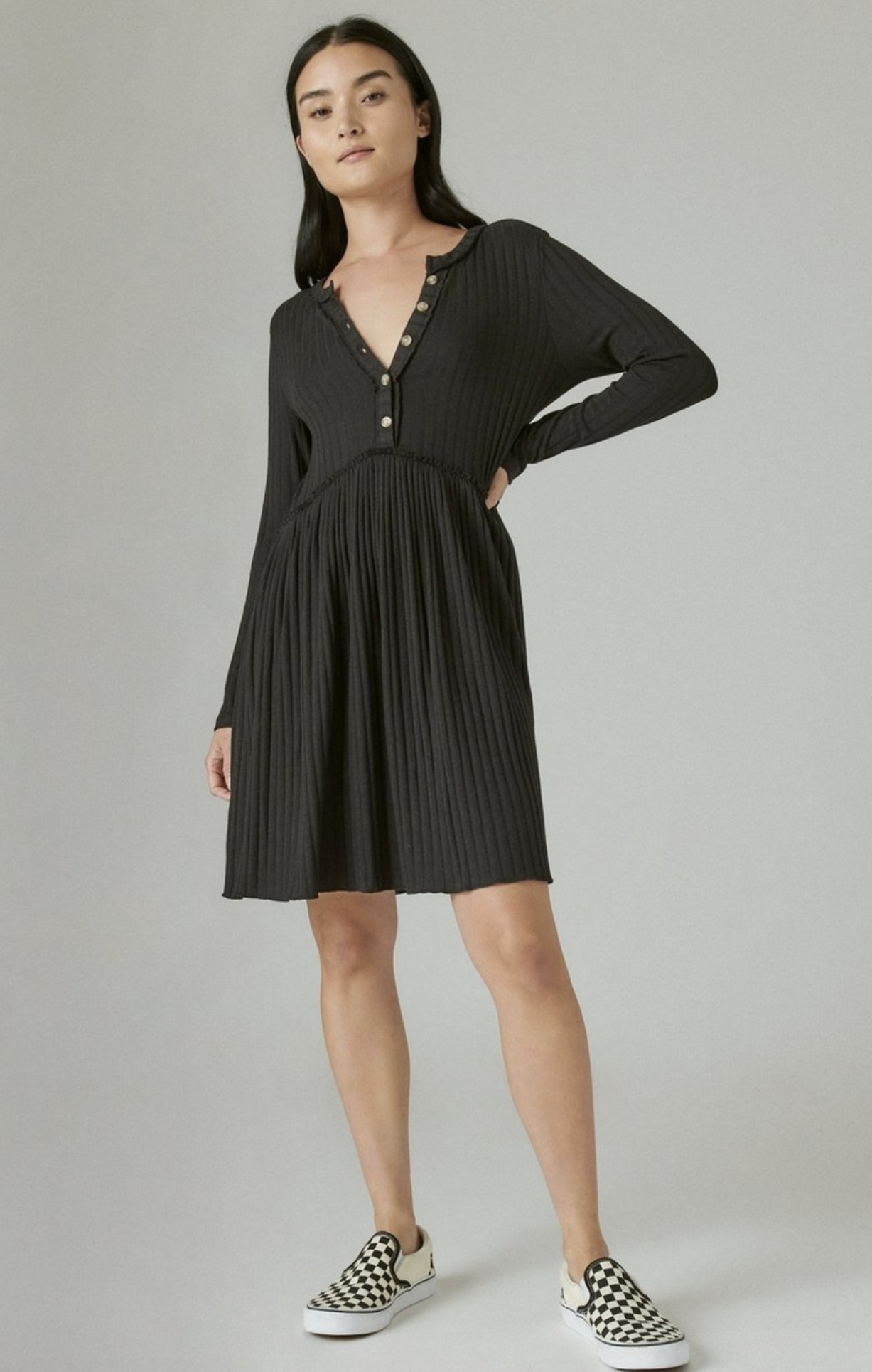 NWT Lucky Brand Dark Gray / Black Cloud Soft Ribbed Henley Shift Dress Size M