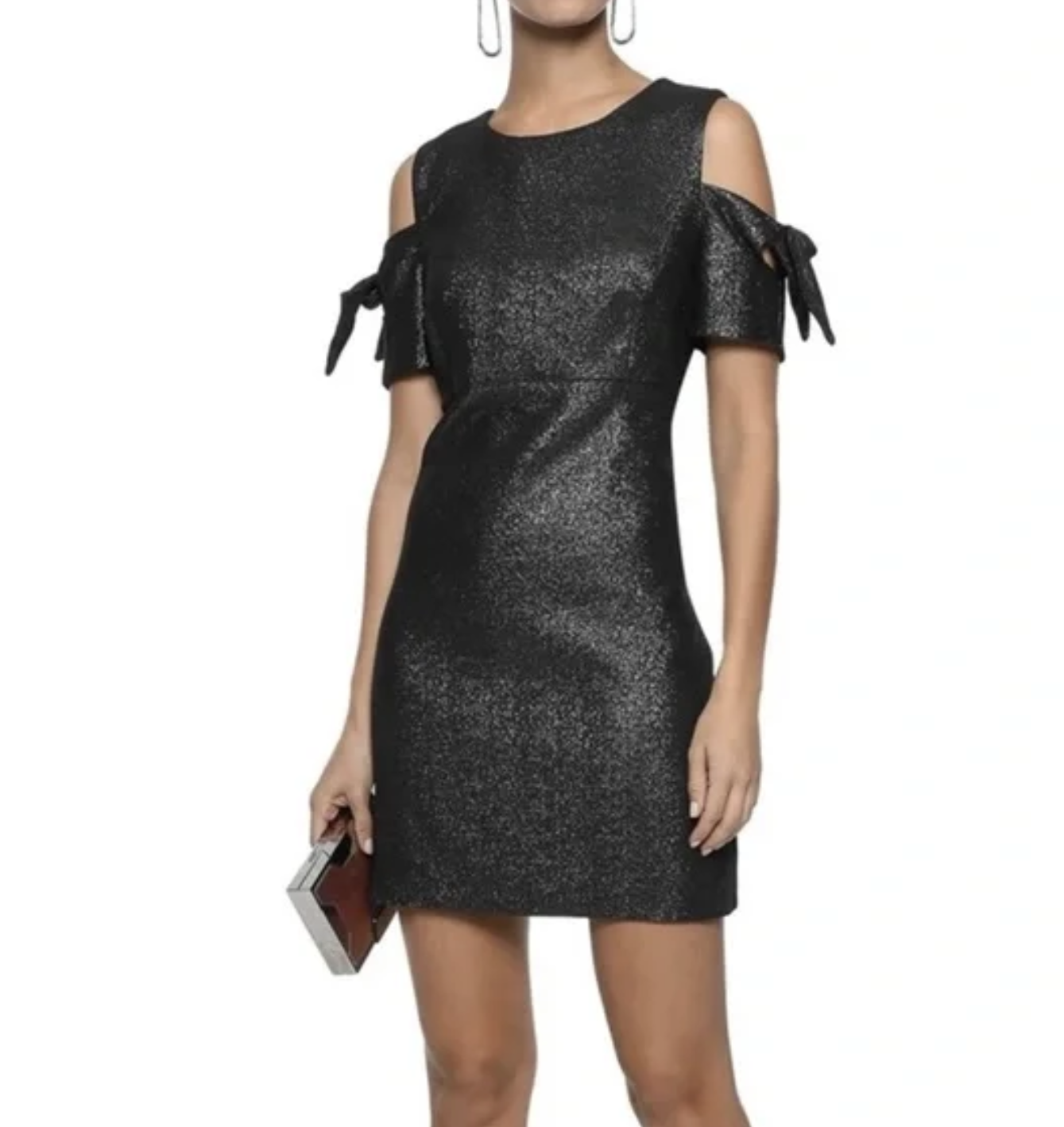 MILLY Black Silver Metallic Shimmer Bow Cold Shoulder Mini Dress Size 4 Party