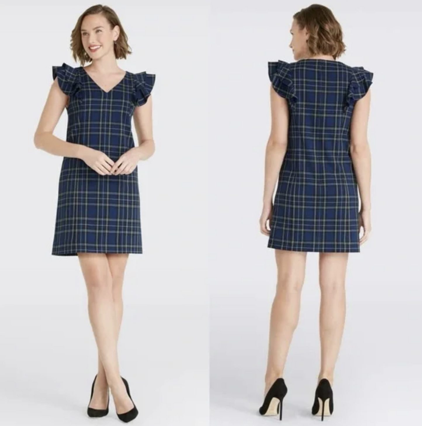 Draper James Blue Black White Plaid V Neck Ruffle Flutter Sleeve Shift Dress 2