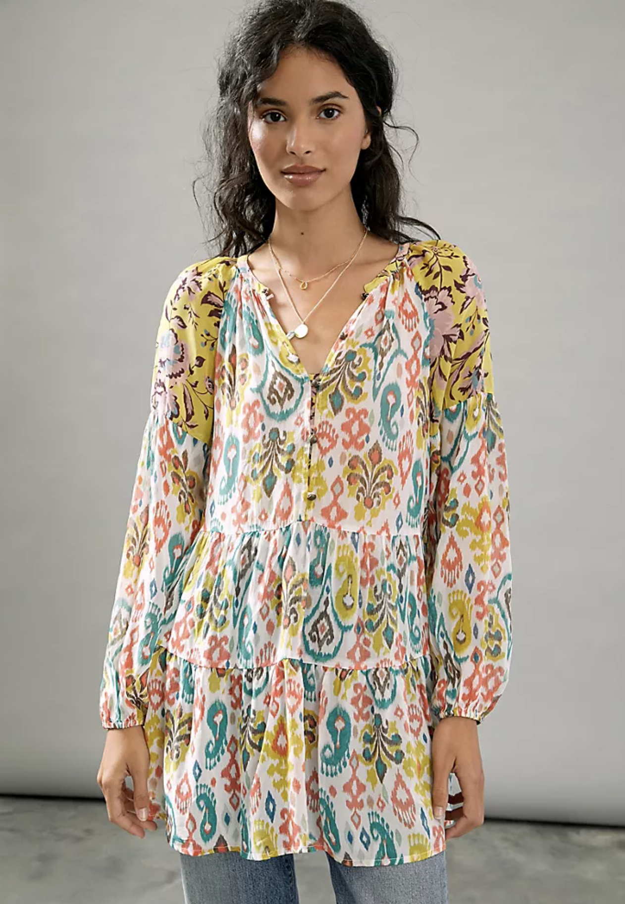 by Anthropologie Maureen Babydoll Tiered Tunic Top Blouse M Geometric Colorful Long Sleeve