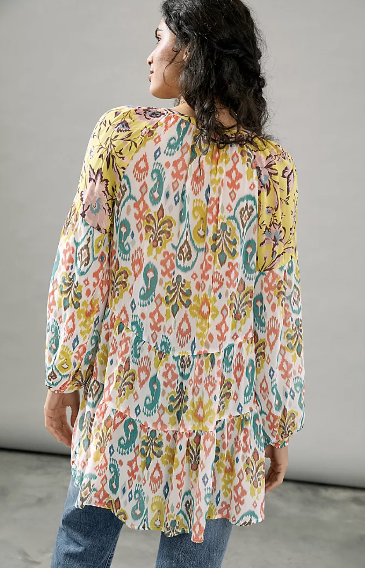 by Anthropologie Maureen Babydoll Tiered Tunic Top Blouse M Geometric Colorful Long Sleeve