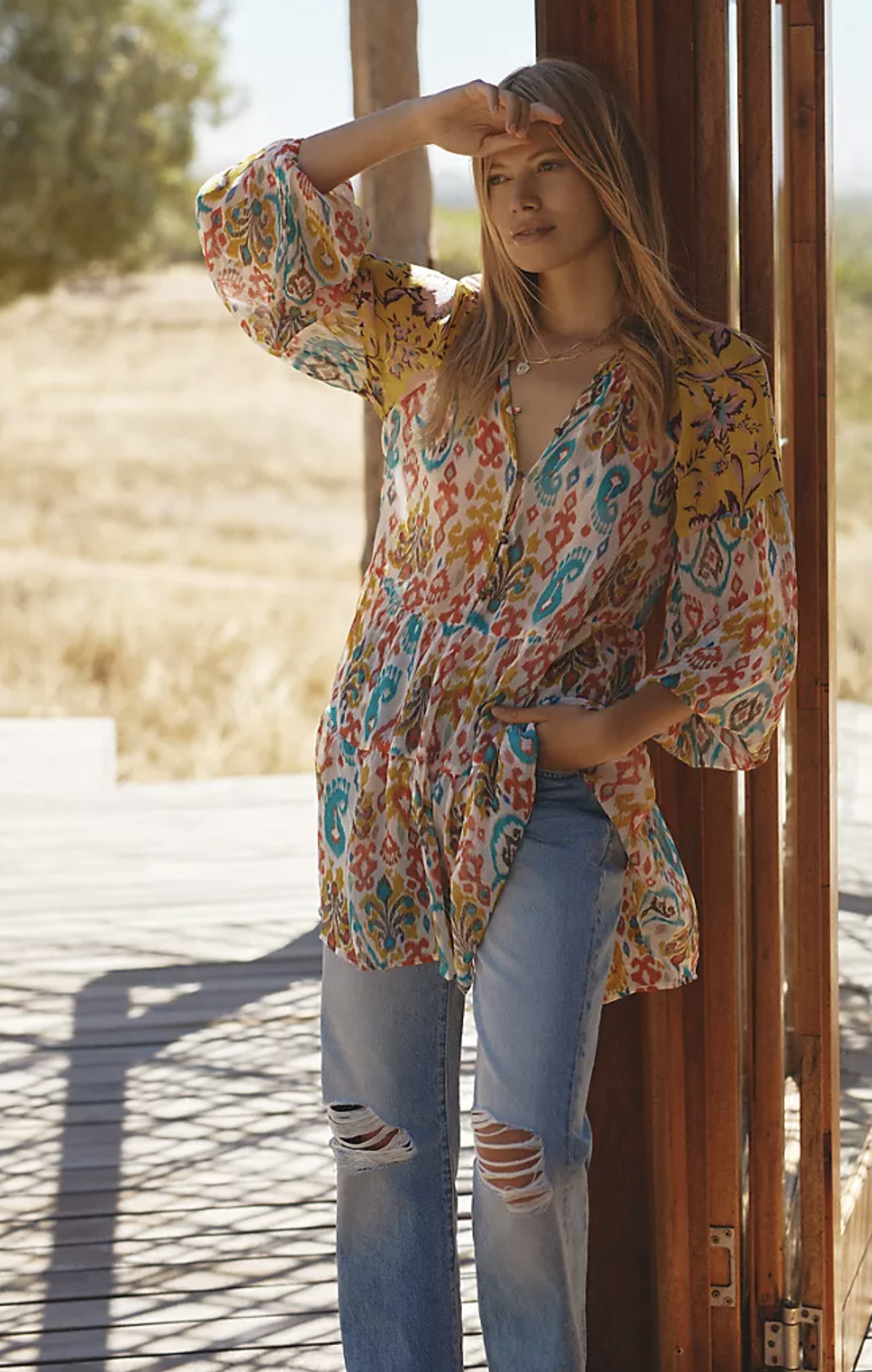 by Anthropologie Maureen Babydoll Tiered Tunic Top Blouse M Geometric Colorful Long Sleeve