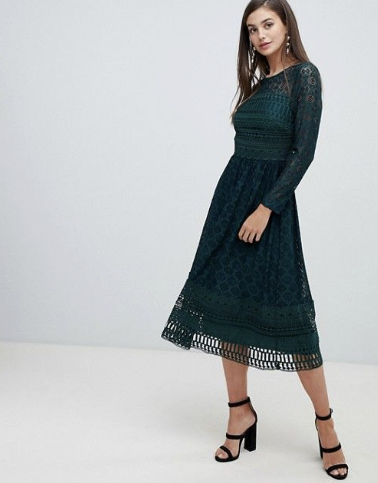 NWT Asos Tall Forest Green Ornate Lace Midi Skater Dress Size 4 A Line Flared