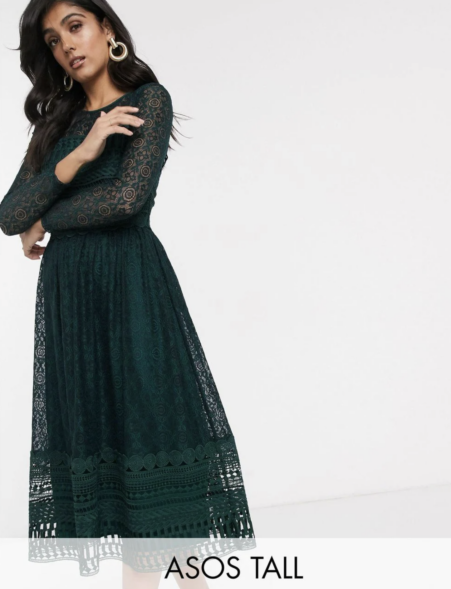 NWT Asos Tall Forest Green Ornate Lace Midi Skater Dress Size 4 A Line Flared