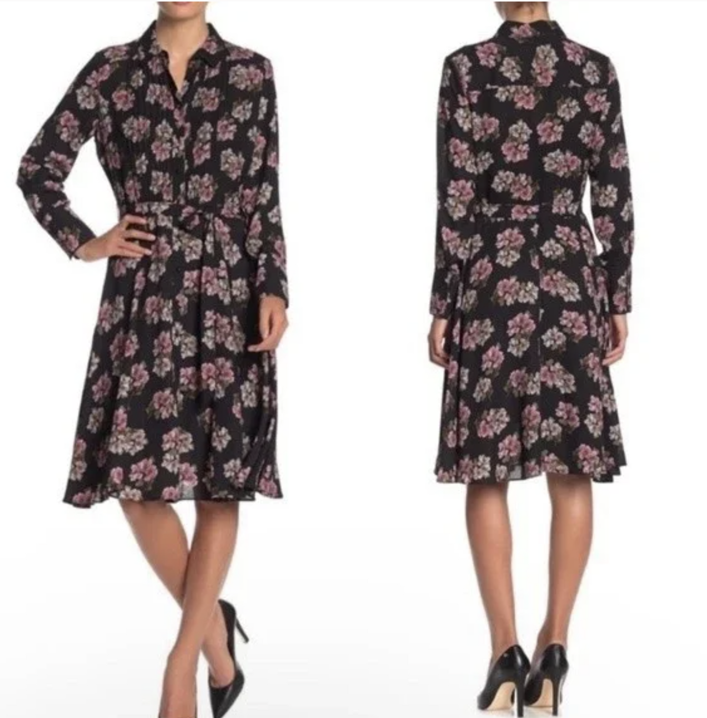 Nanette Lepore Black Pink Floral Button Front Pintuck Shirt Dress Size 8 A Line