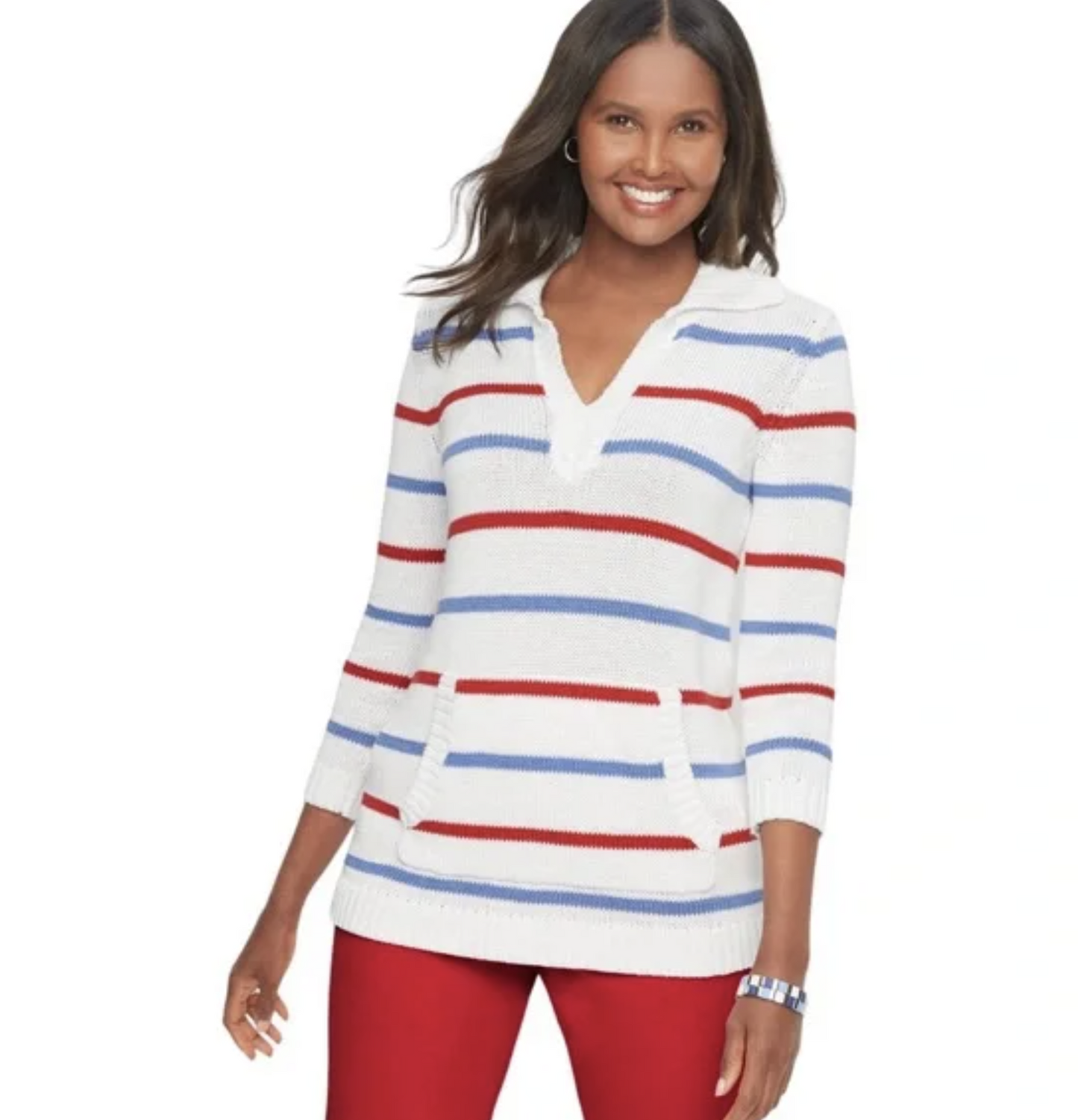 NWT Talbots Womens White Red Blue Striped Johnny Collar Pullover Sweater Size L