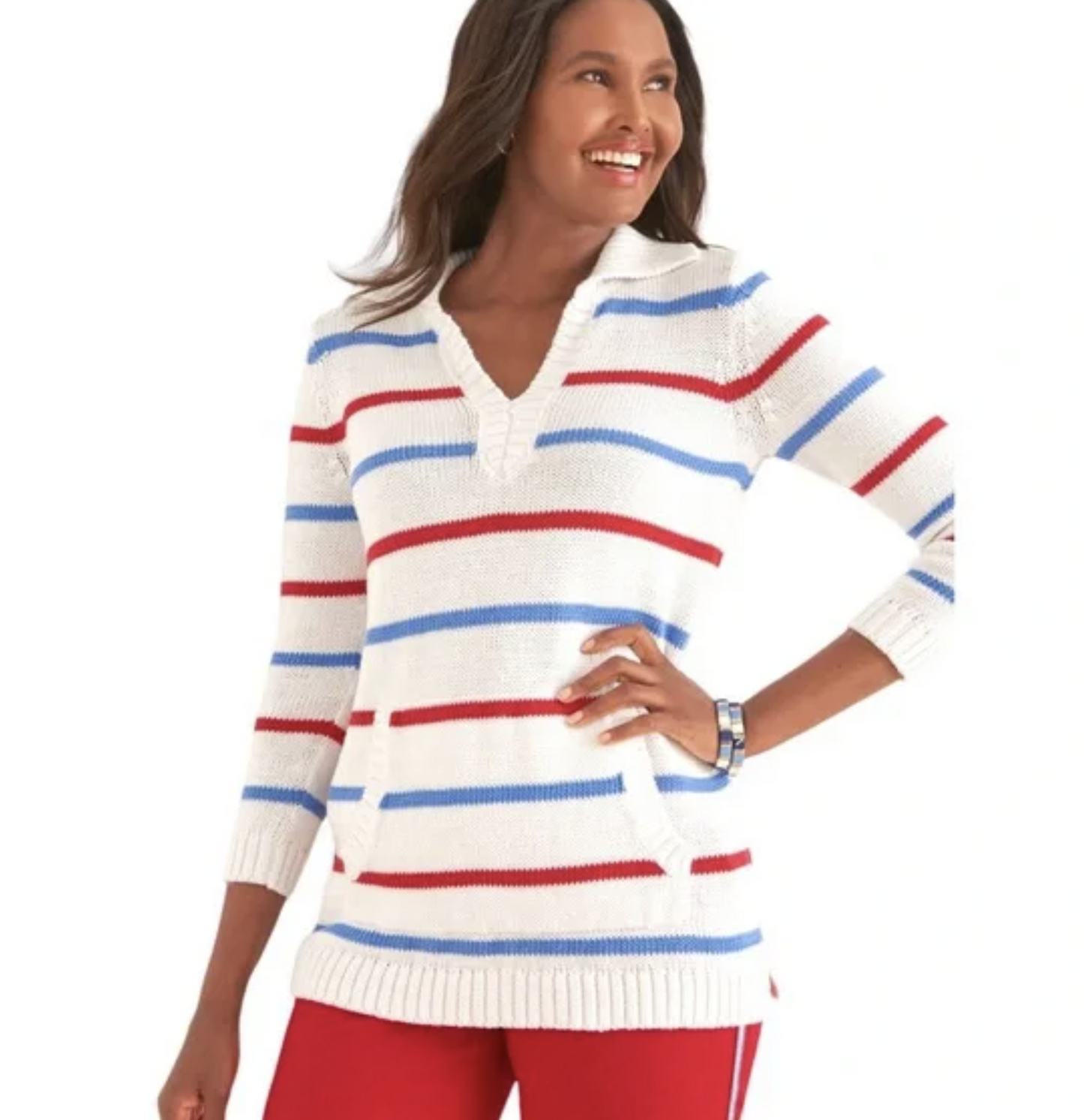 NWT Talbots Womens White Red Blue Striped Johnny Collar Pullover Sweater Size L