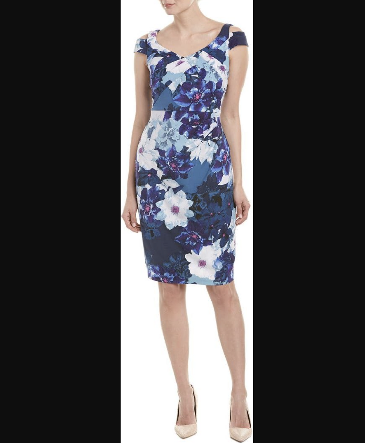 Adrianna Papell Blue Floral Print Cutout Cold Shoulder Sheath Dress 4 Cocktail