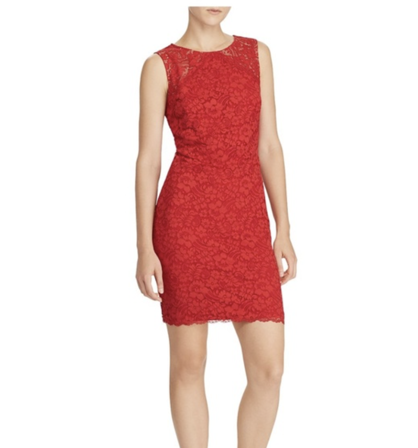 Lauren Ralph Lauren Red Lace Sleeveless Mesh Illusion Scalloped Dress Size 10