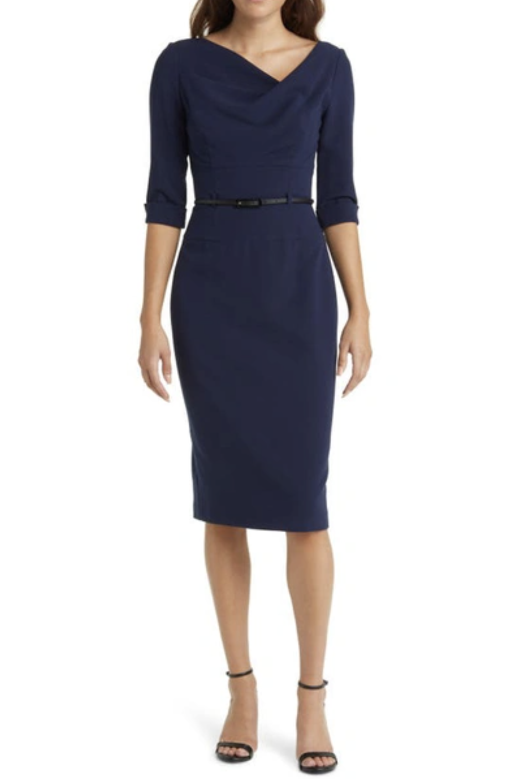 Black Halo Womens Solid Navy Blue 3/4 Sleeve Jackie O Sheath Dress Size 2 Career