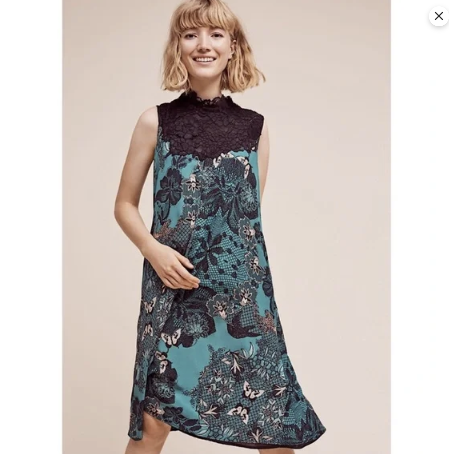 Maeve Anthropologie Green Black Lace Mock Neck Butterfly Silk Swing Dress Size S