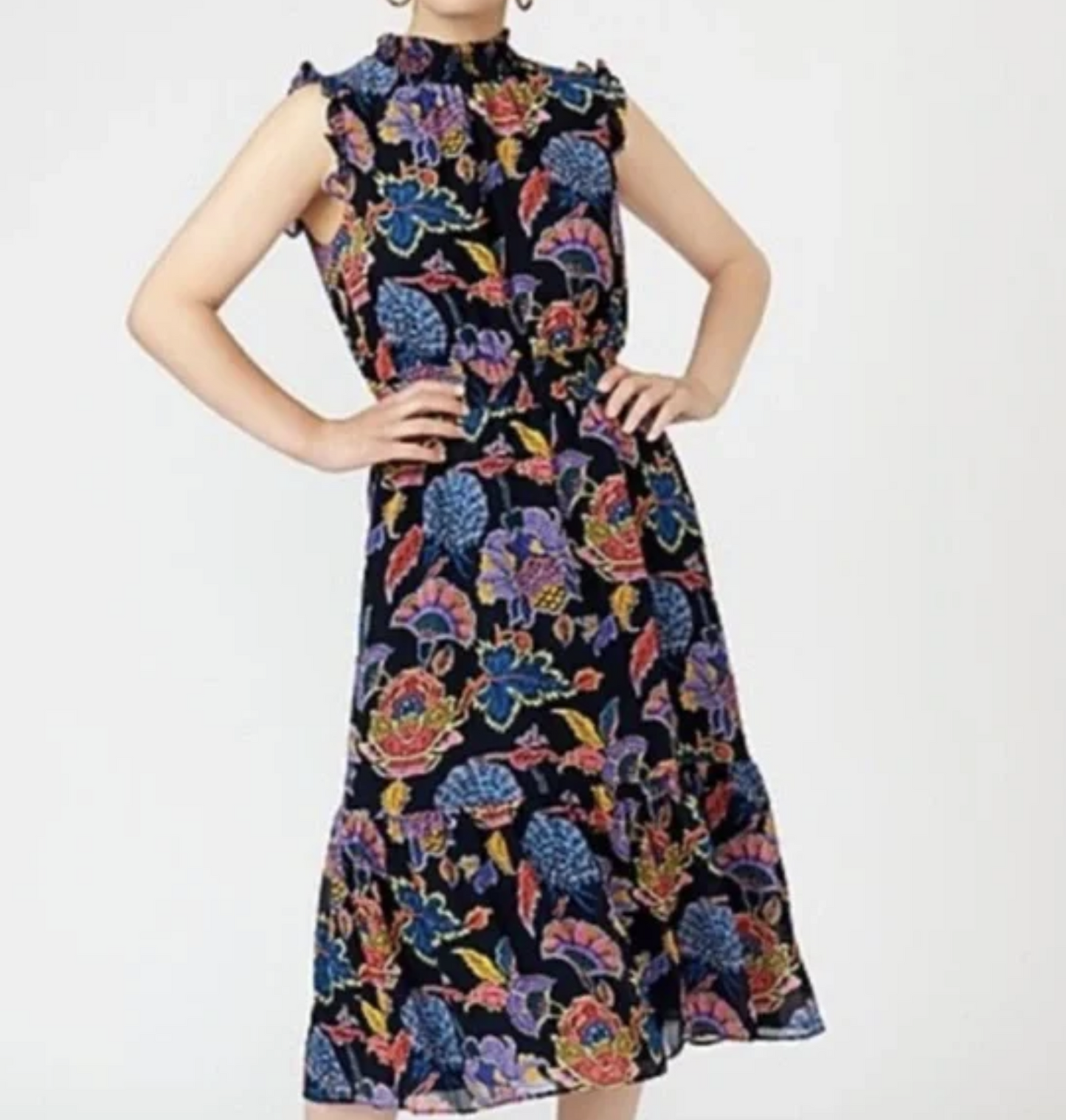 J Crew Colorful Floral Paisley Print Mock Neck Smocked Midi Dress Size XXS 2XS