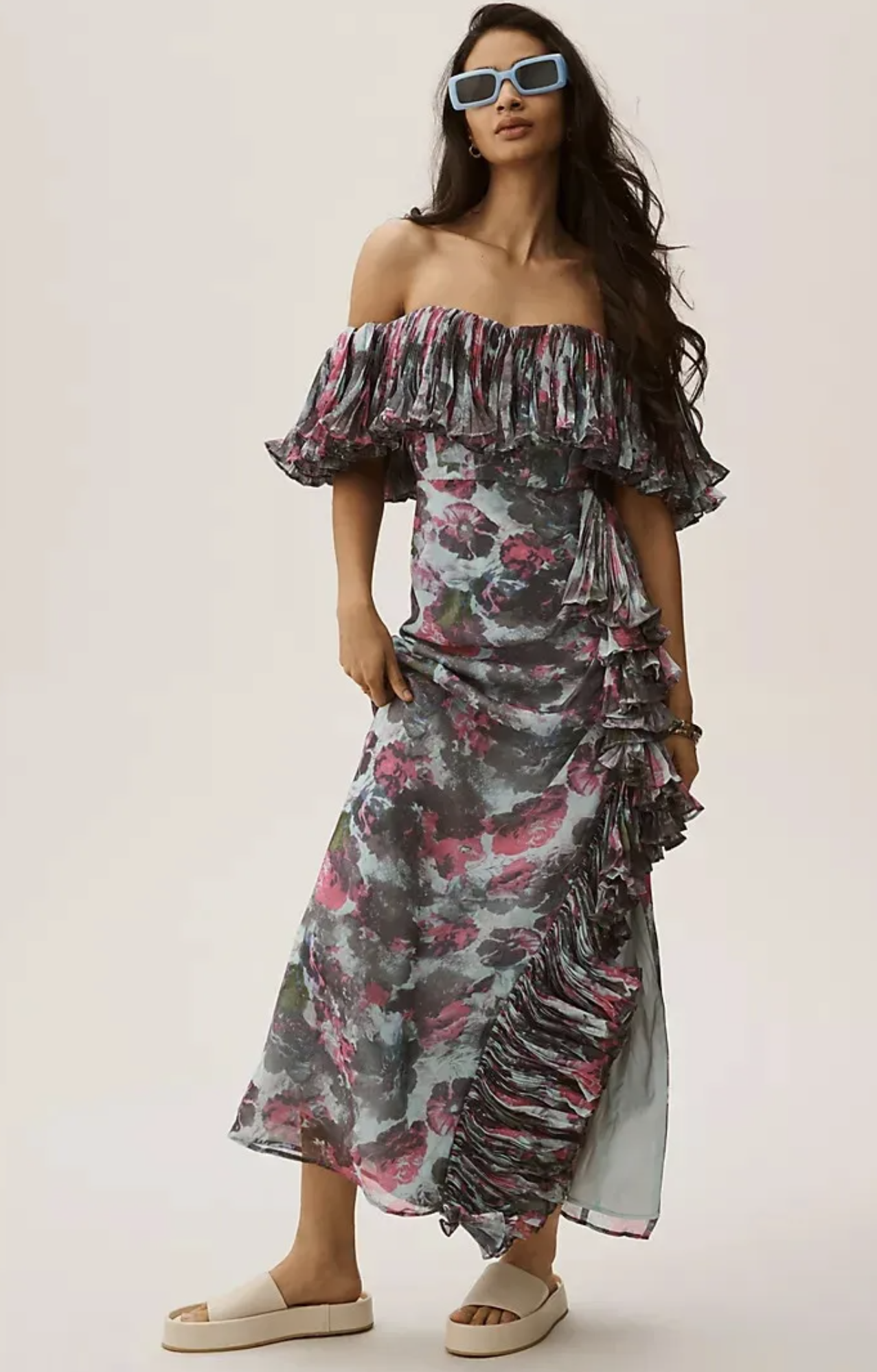 Hutch Anthropologie Floral Ruffle Pleated Off the Shoulder Column Dress 6 Bhldn