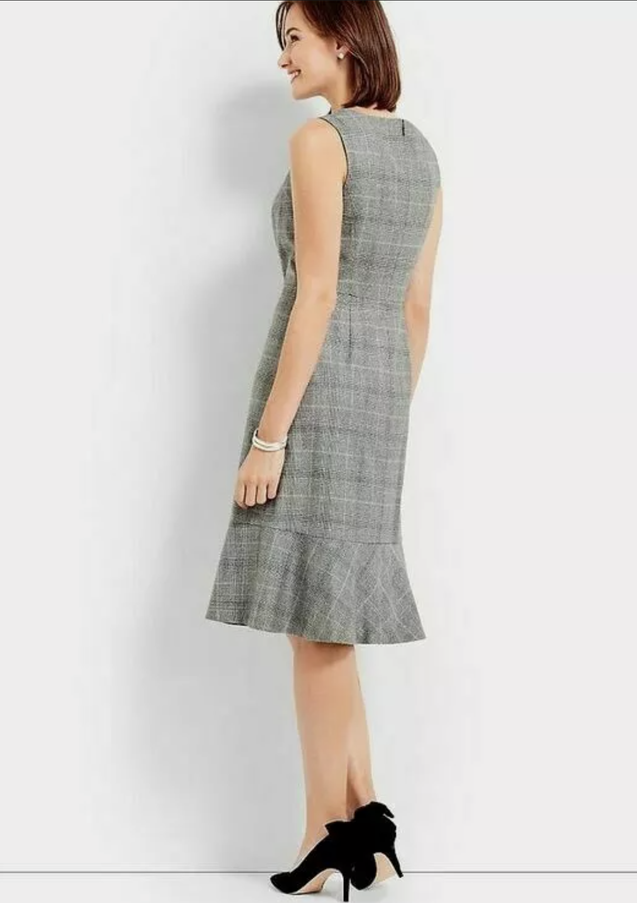 NWT Talbots Gray Italian Wool Blend Glen Plaid Flounce Waist Sheath Dress Size 2