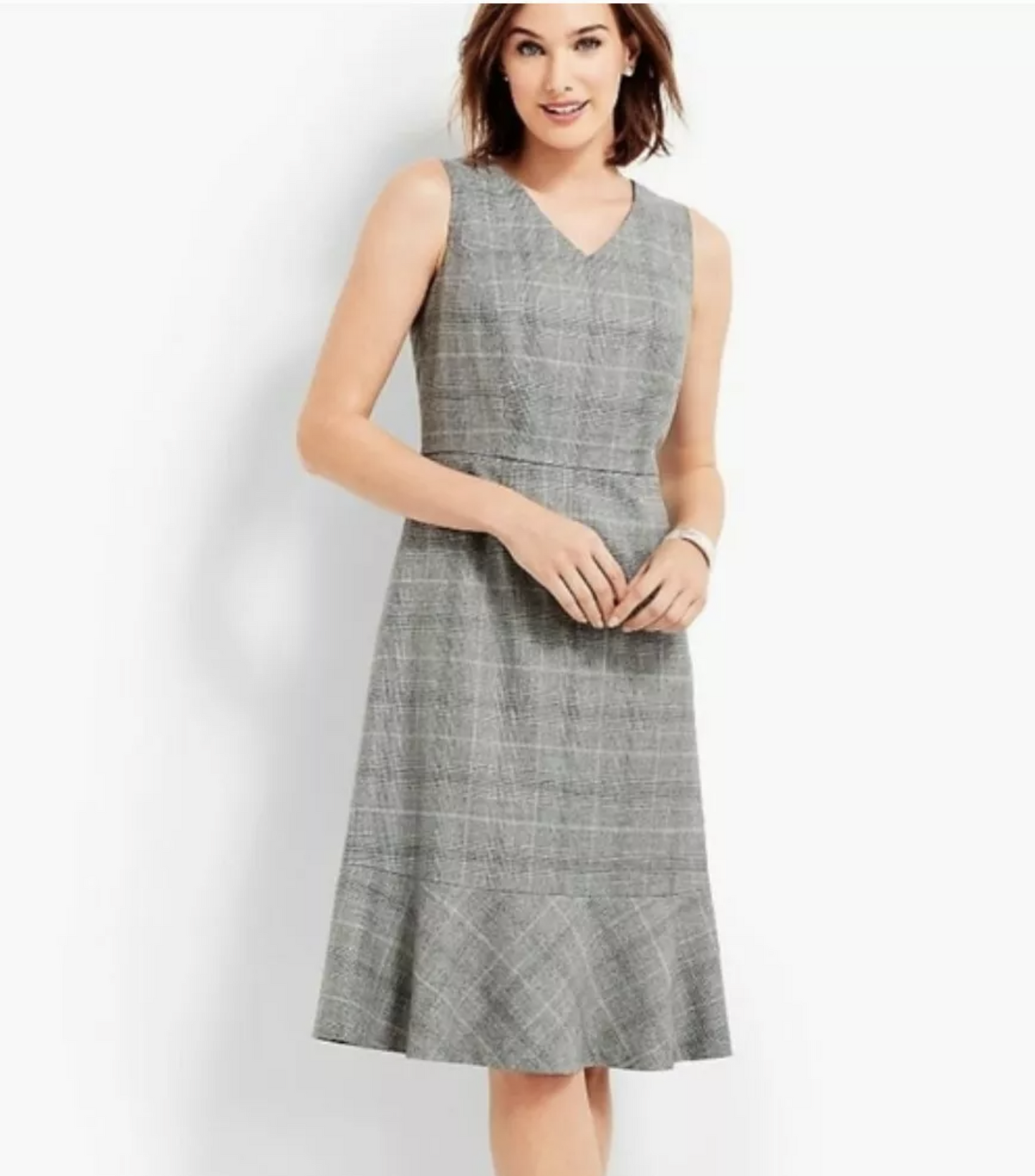 NWT Talbots Gray Italian Wool Blend Glen Plaid Flounce Waist Sheath Dress Size 2