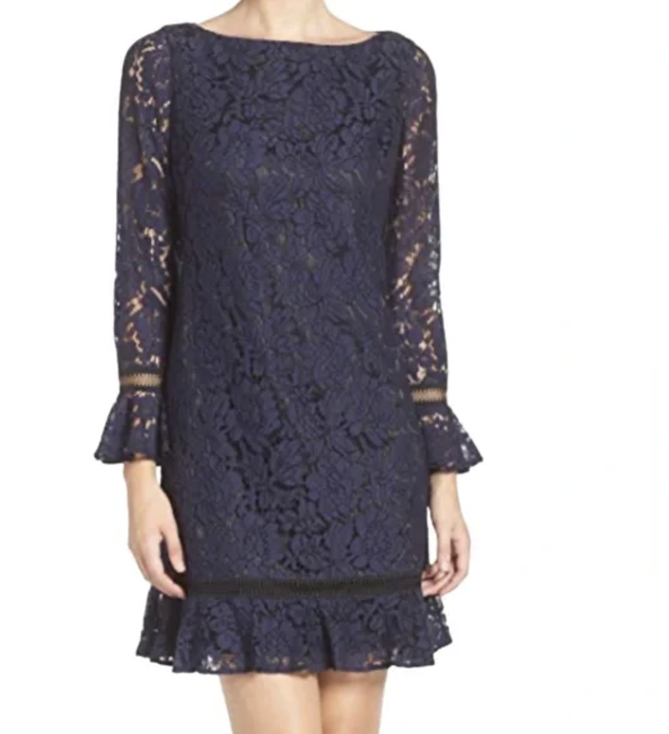 Eliza J Navy Blue Black Lace Illusion Ruffle Trim Bell Sleeve Dress Cocktail 6