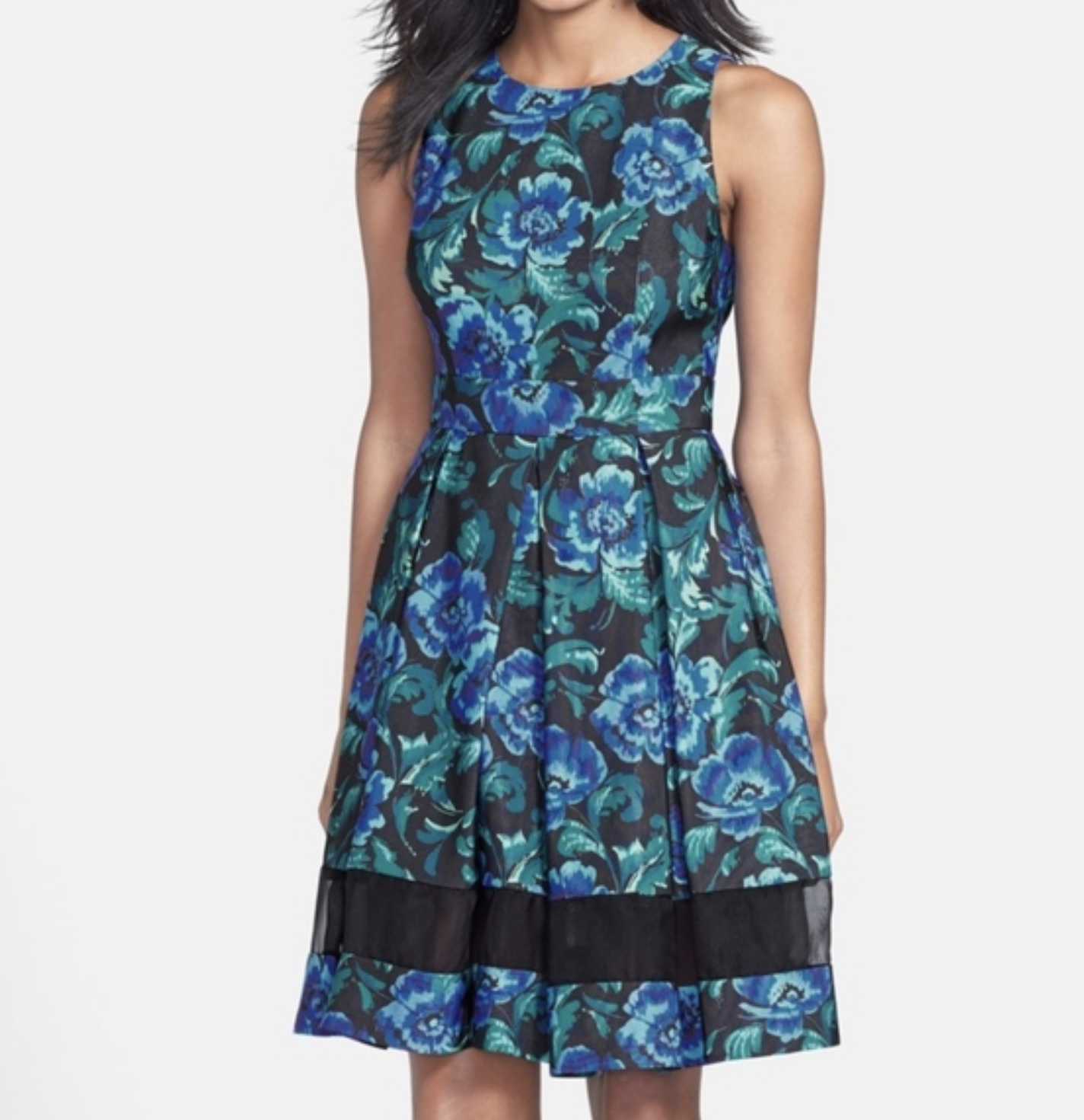 Eliza J Black Blue Floral Print Fit & Flare Mesh Stripe Cocktail Party Dress 10