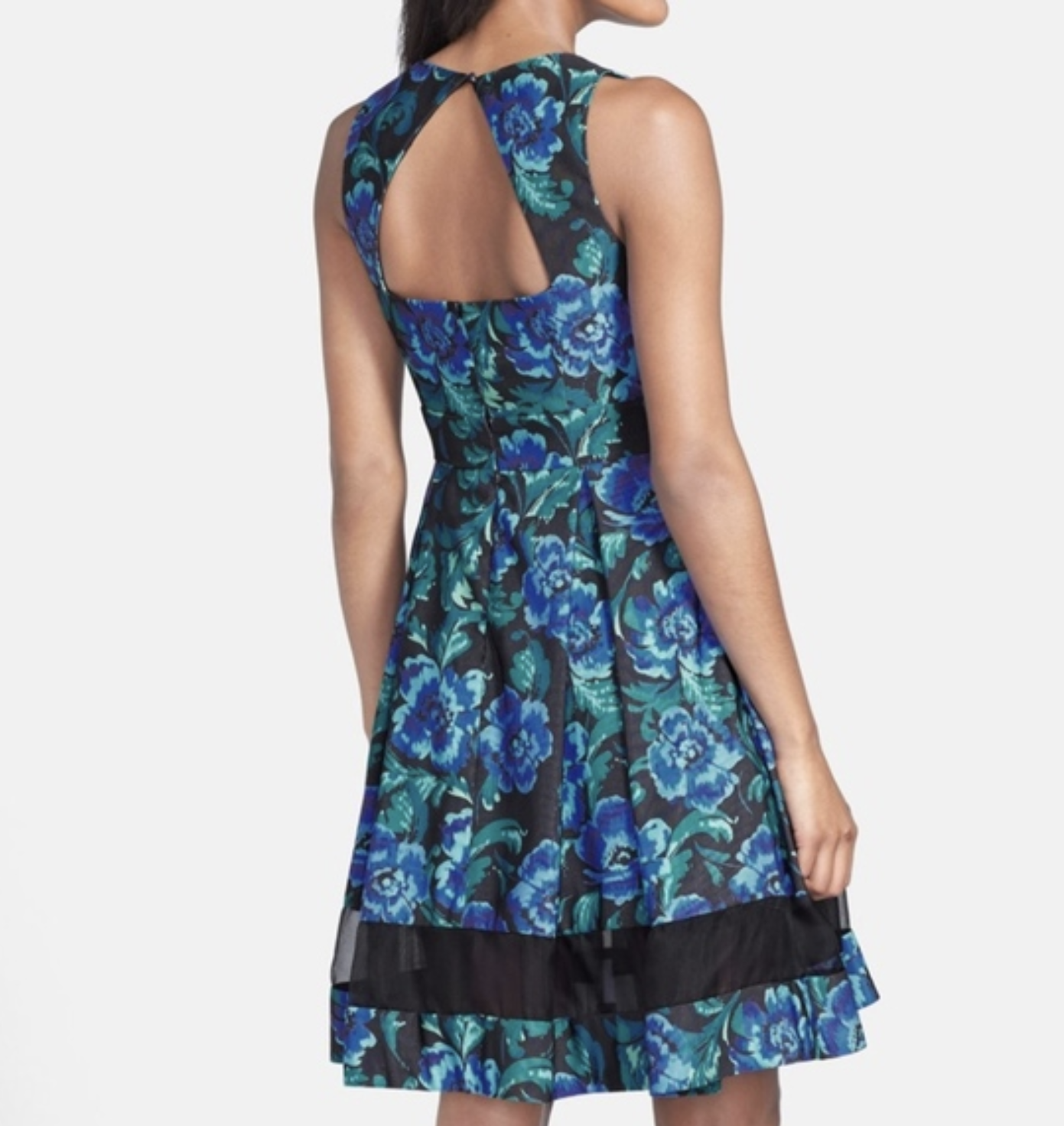 Eliza J Black Blue Floral Print Fit & Flare Mesh Stripe Cocktail Party Dress 10