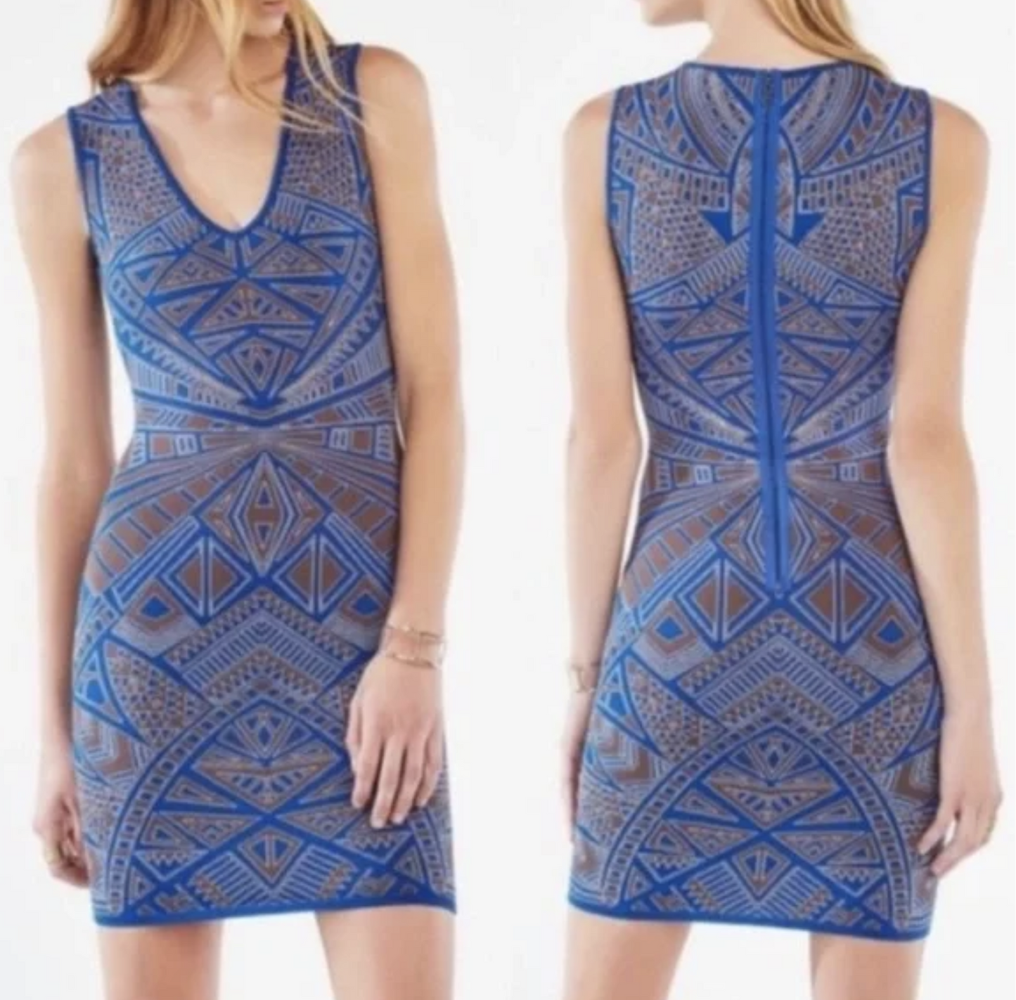 BCBG Max Azria Gari Jacquard Knit Bodycon Dress Size L Geometric Slate Blue