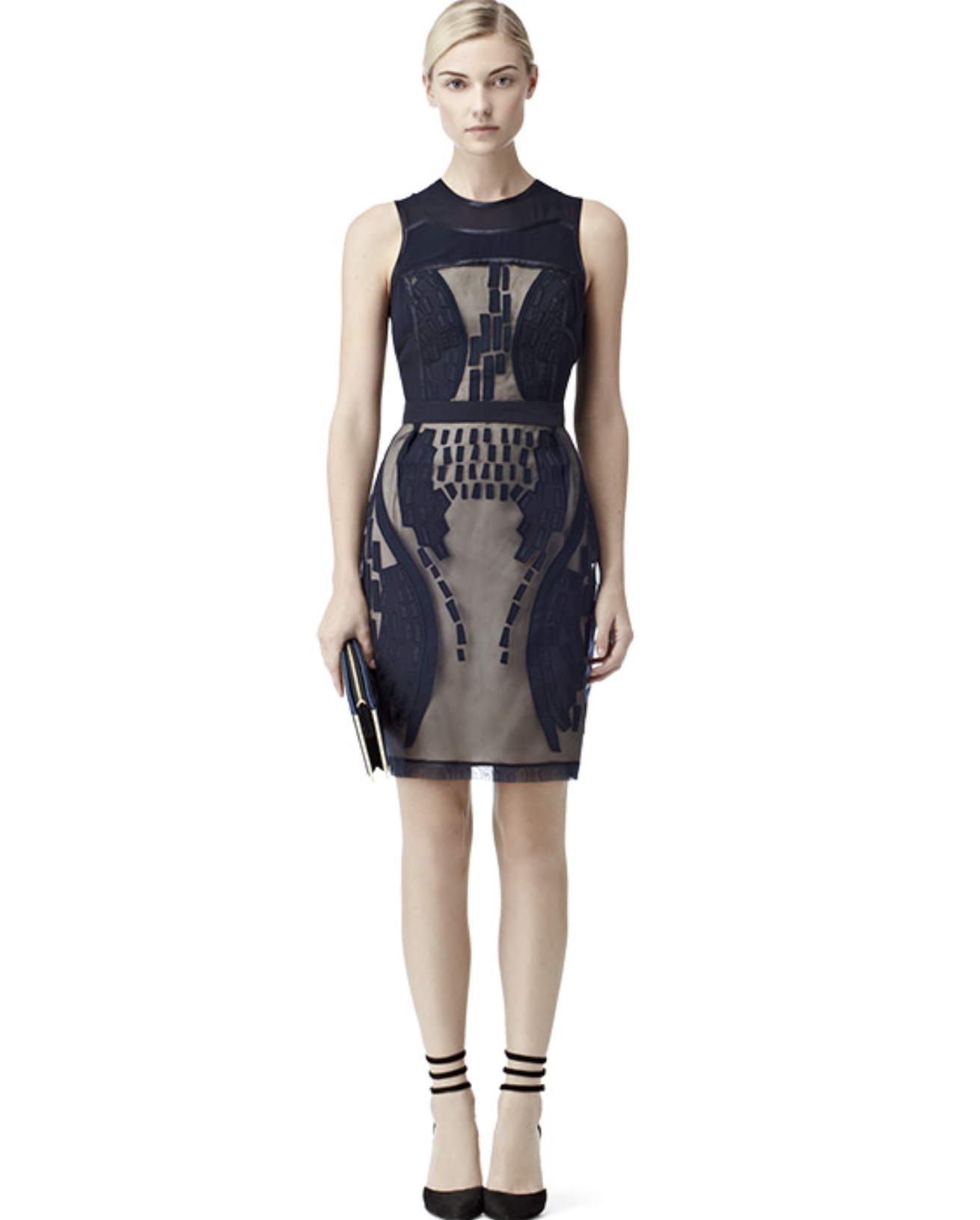 REISS Navy Blue Nude Mesh Illusion Embroidered Sheath Dress Size US 4 Cocktail