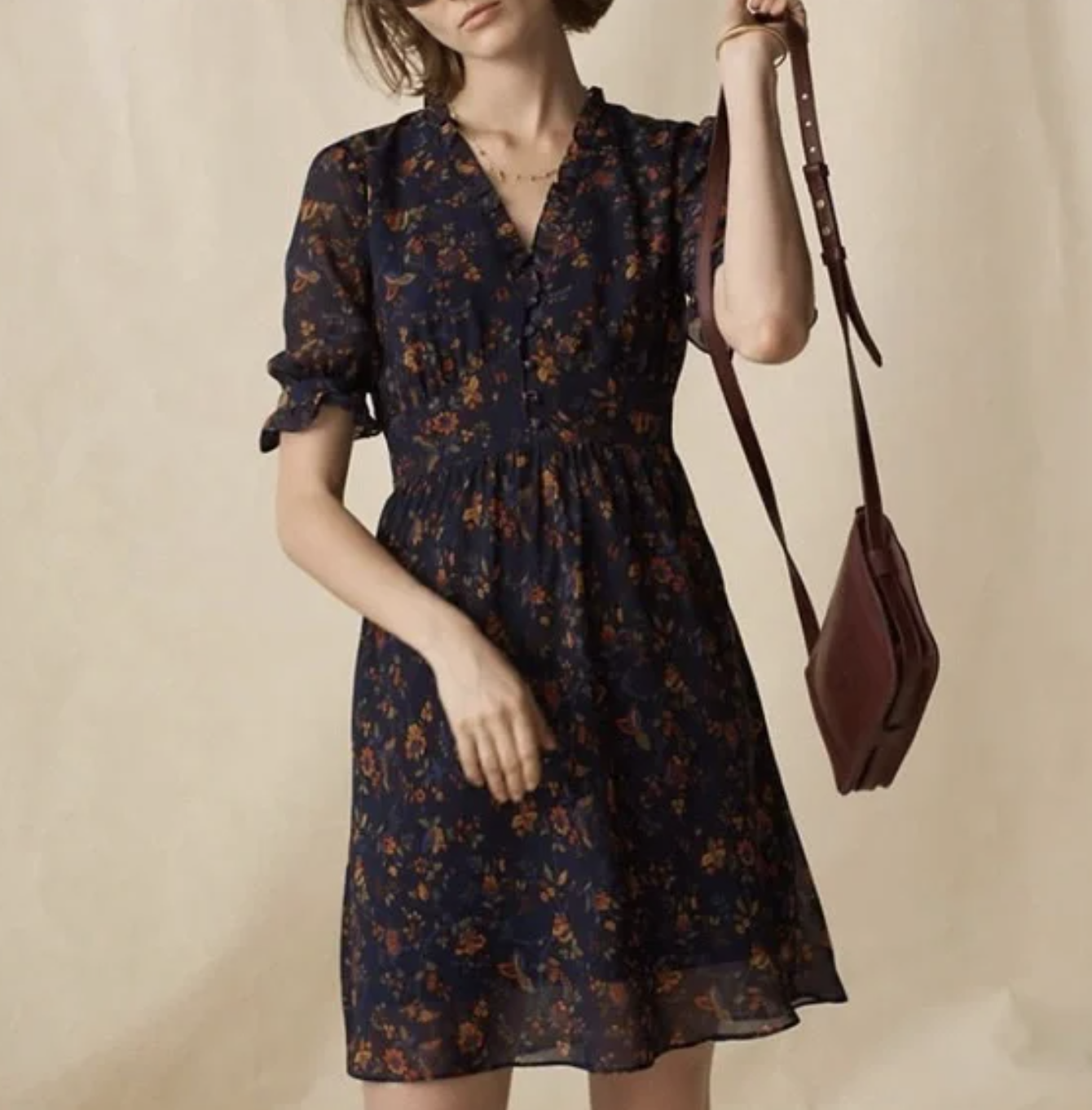 Madewell Navy Blue Freesia Climbing Vine Floral Print Dress Size 2 Ruffle V Neck