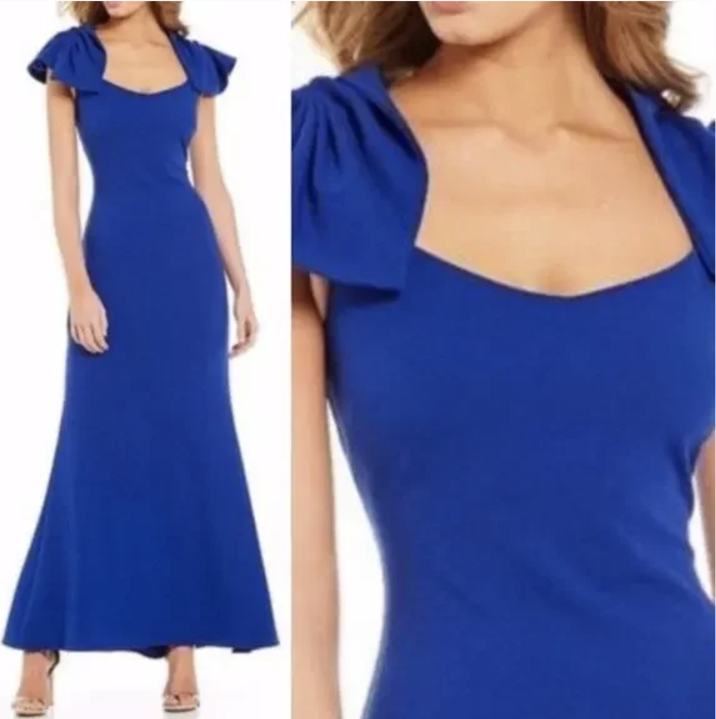 Belle Badgley Mischka Royal Blue Ruffle Sleeve Formal Dress Evening Gown Size 12