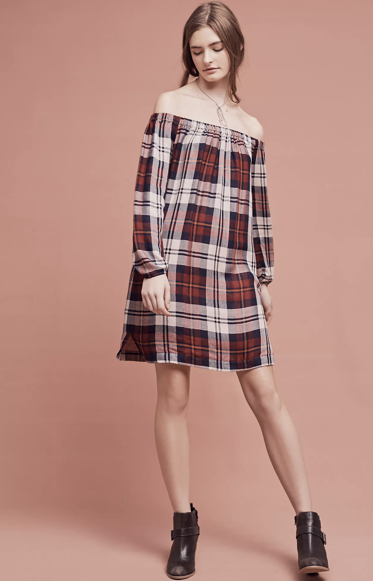 NWT Cloth and Stone Anthropologie Plaid Off the Shoulder Shift Dress Size XS