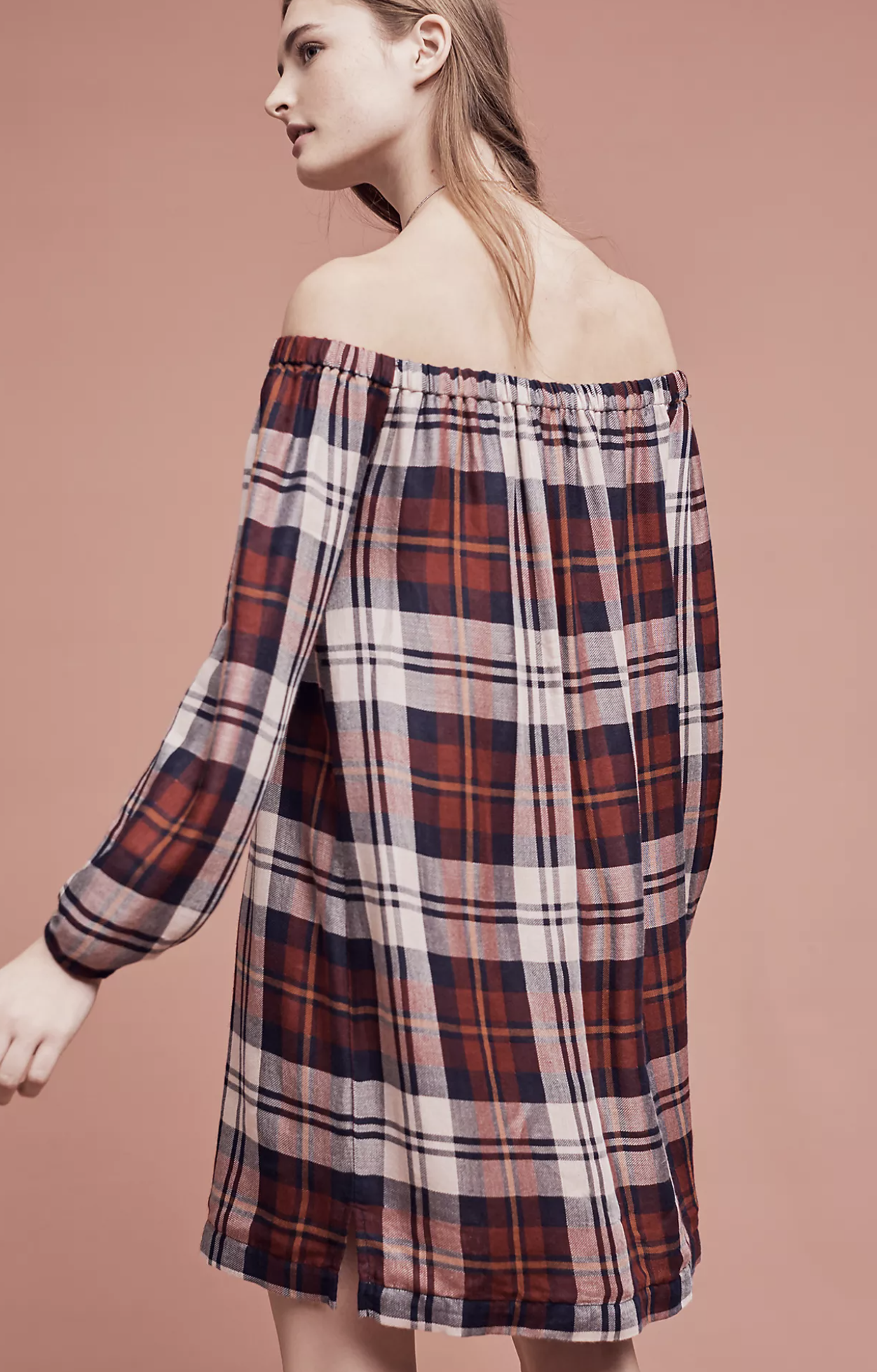 NWT Cloth and Stone Anthropologie Plaid Off the Shoulder Shift Dress Size XS