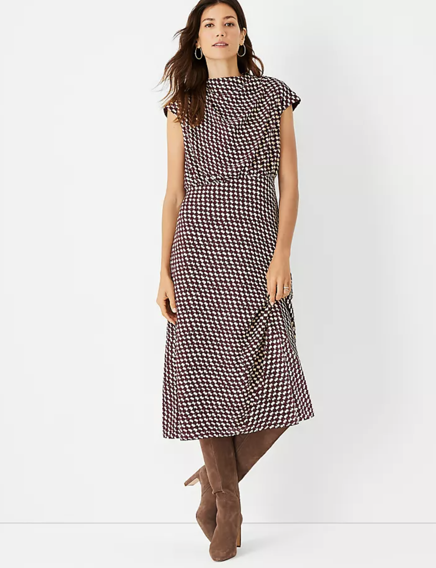 Ann Taylor Maroon Houndstooth Print Blouson Flared Midi Dress Size 00 A Line