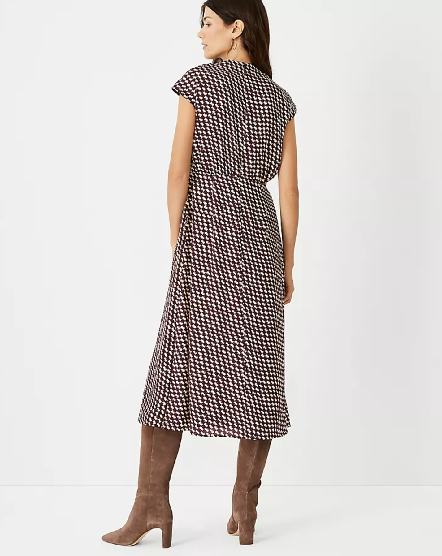 Ann Taylor Maroon Houndstooth Print Blouson Flared Midi Dress Size 00 A Line