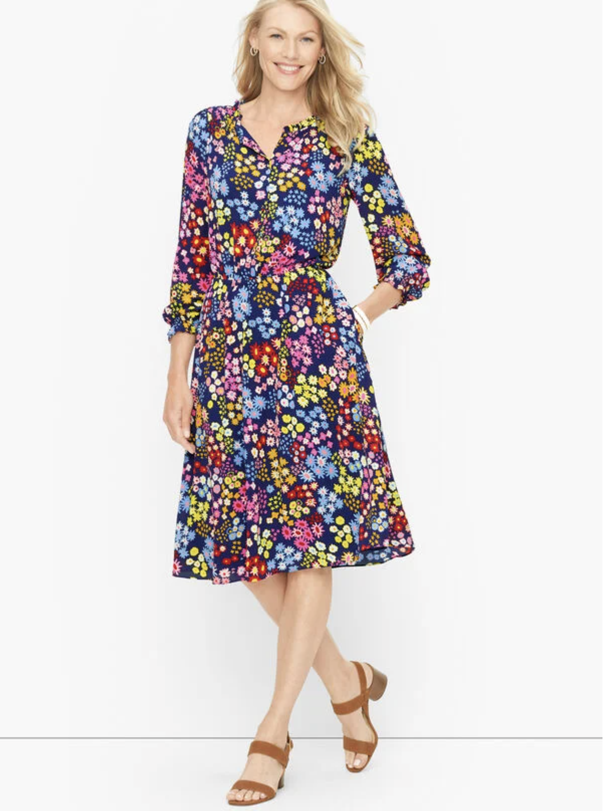 Talbots Blue Colorful Starburst Floral Print Smocked A Line Flare Dress Sz PM MP