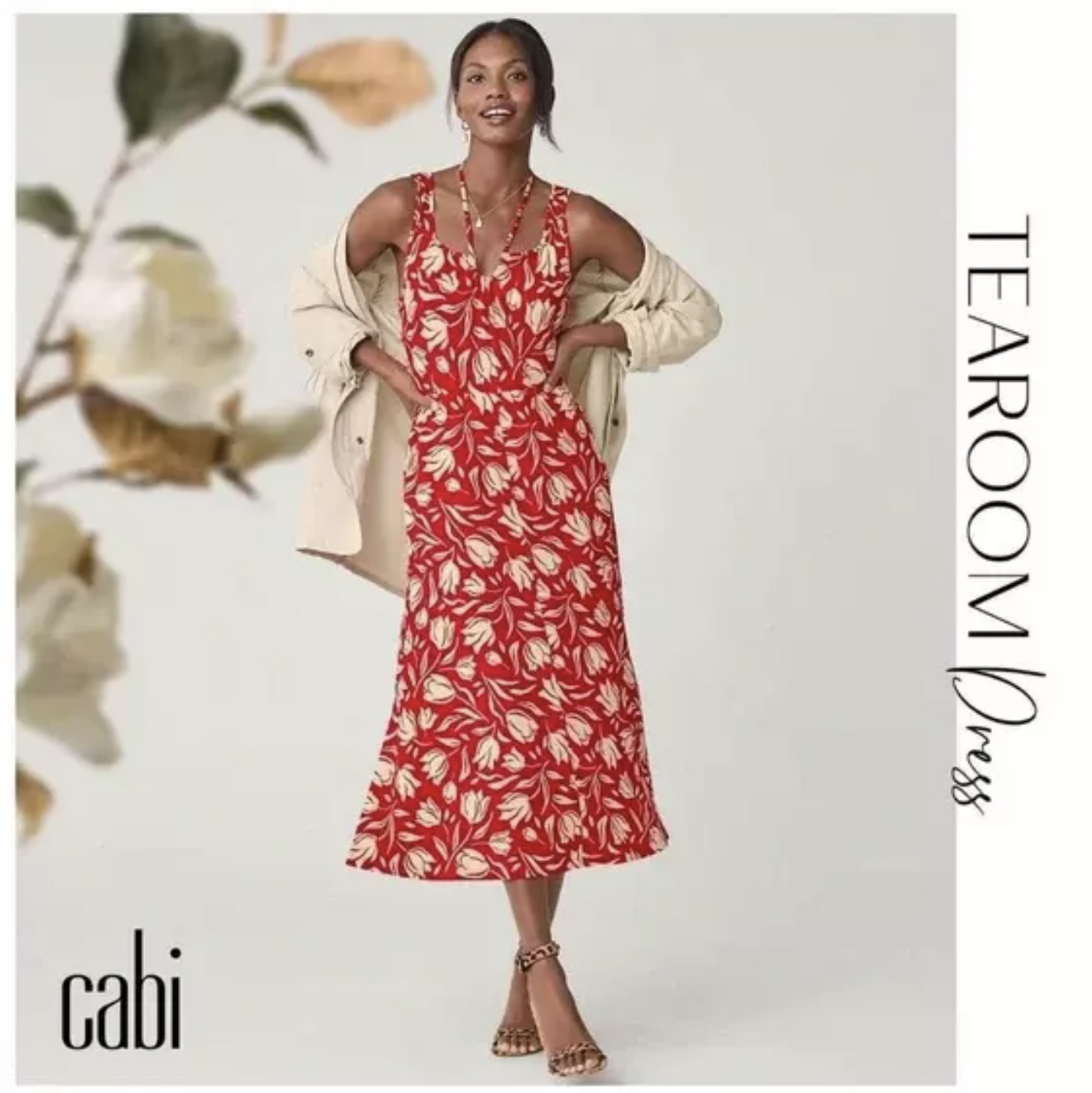 CAbi Red Beige Floral Print Knit Tearoom Midi Maxi Dress Size XS V Neck 6393