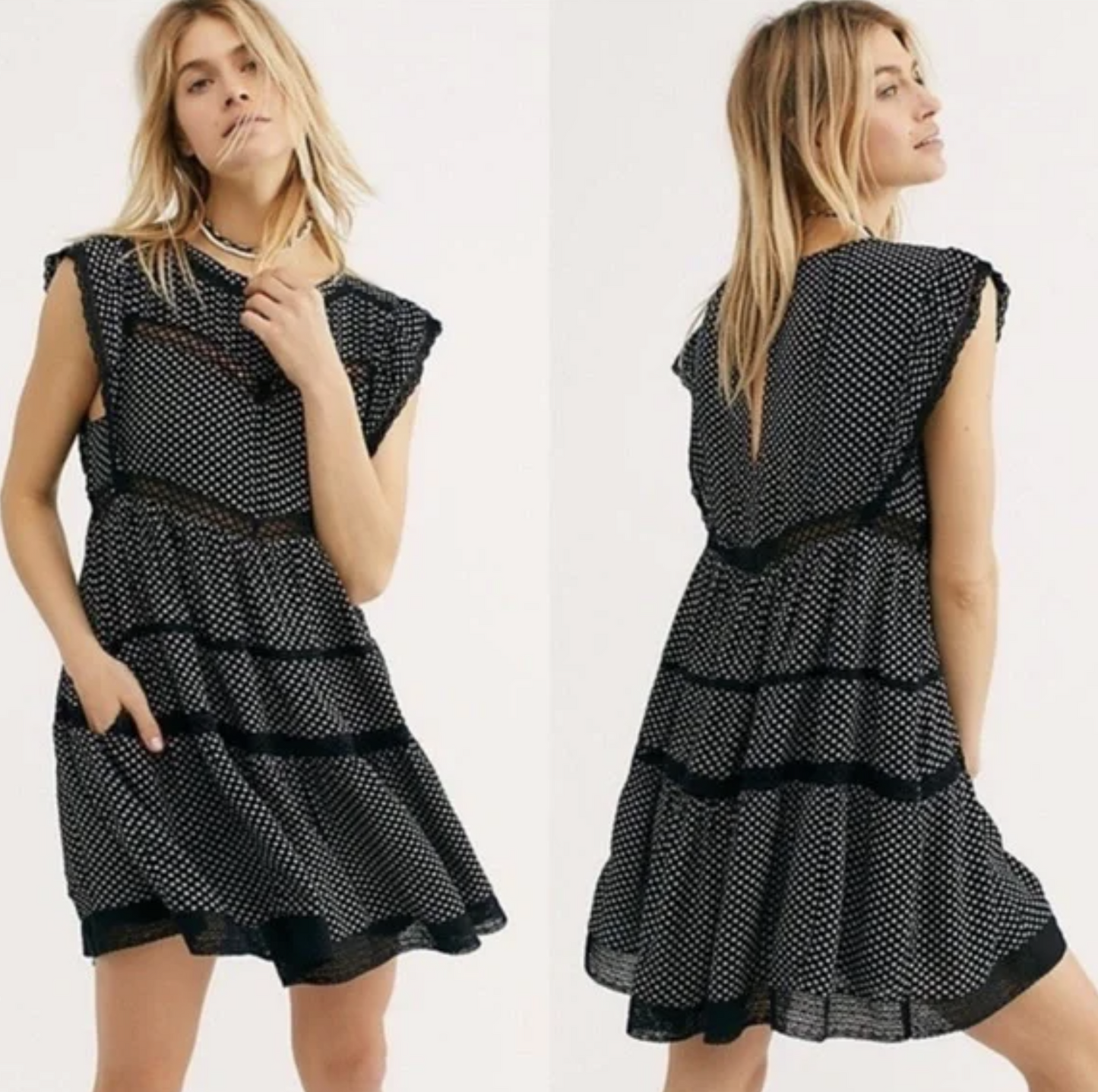 Free People Retro Kitty Black White Crochet Cutout Mini Tunic Dress Floral Sz XS