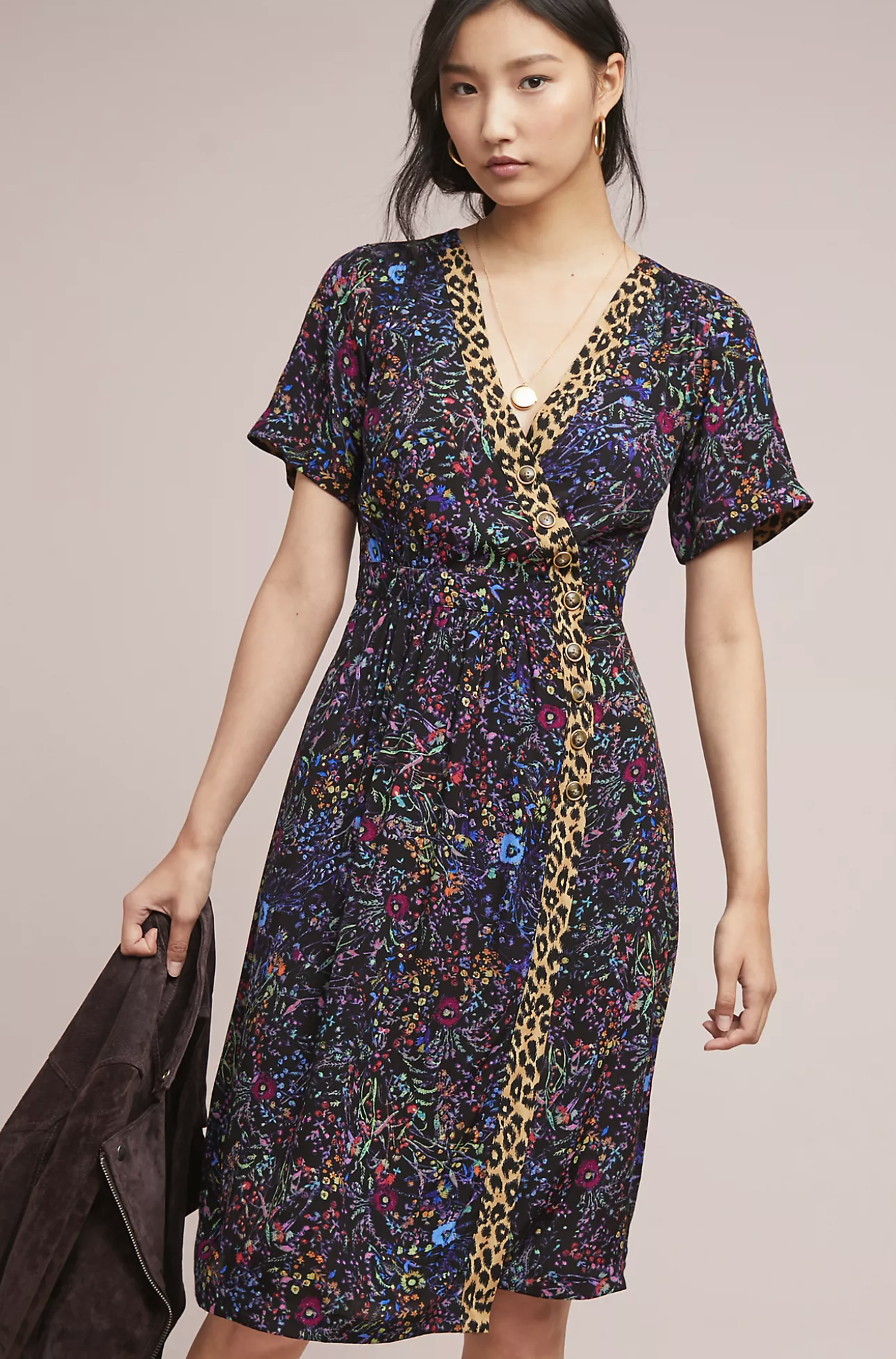 Maeve Anthropologie Morgan Black Floral Animal Print Faux Wrap Dress 6 Leopard