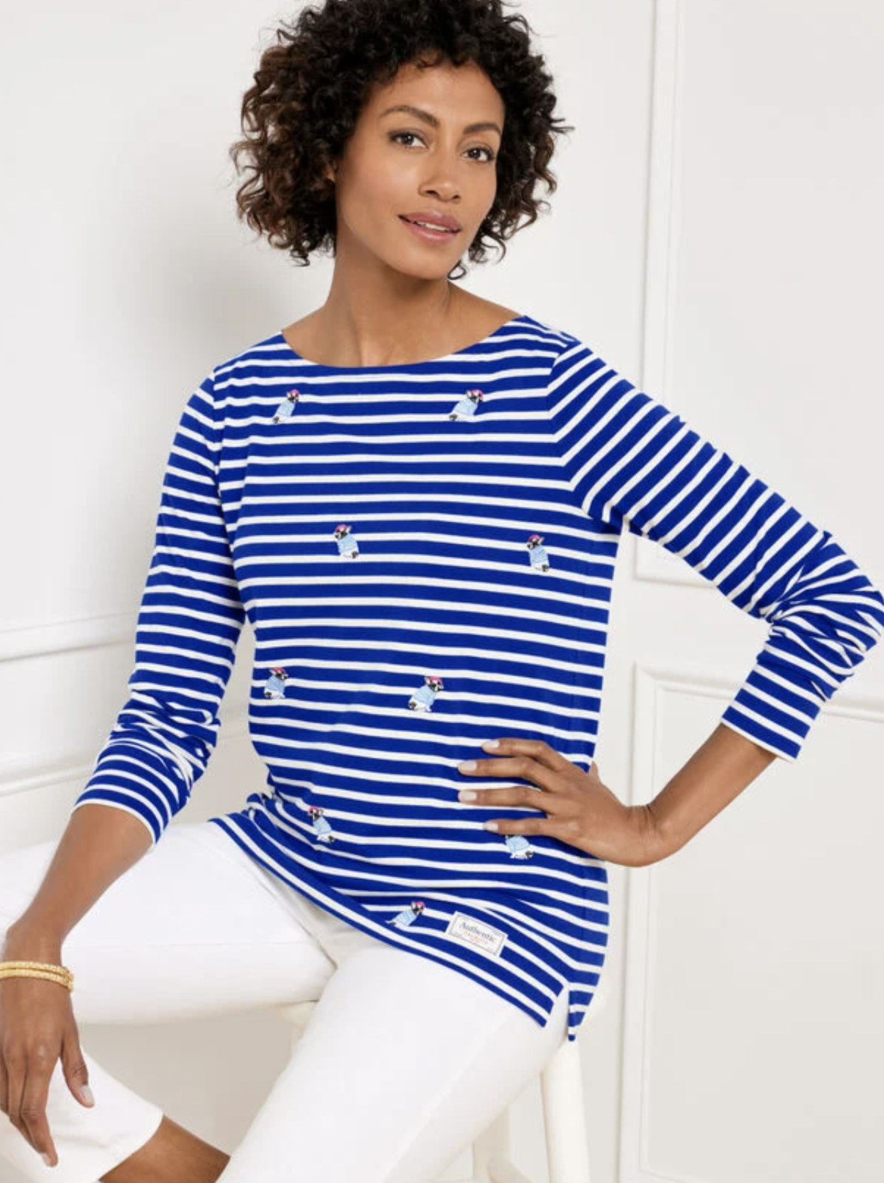 NWT Talbots Authentic Tee Blue Stripe Frenchie French Bulldog Embroidered Top XS